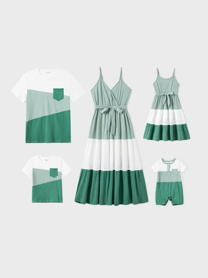 Family Matching Sets Color Block Tee and Wrap Front Pleated Dress with Hidden Snap Button