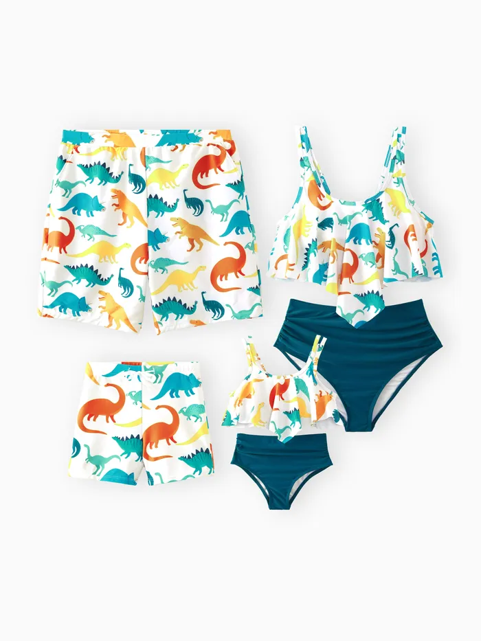 Family Matching All Over Multicolor Dinosaur Print Swim Trunks Shorts and Ruffle Two-Piece Swimsuit