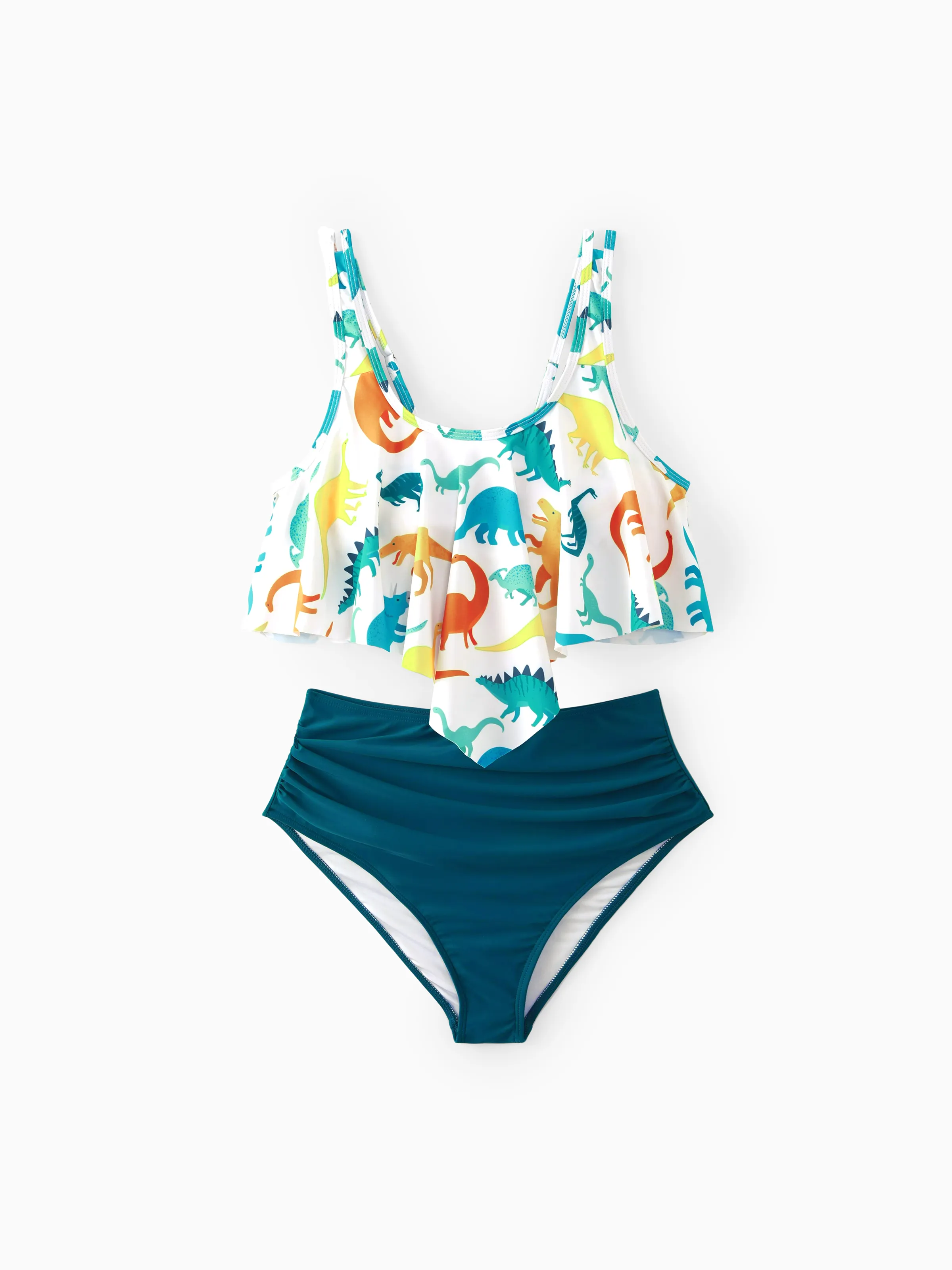 

Family Matching All Over Multicolor Dinosaur Print Swim Trunks Shorts and Ruffle Two-Piece Swimsuit