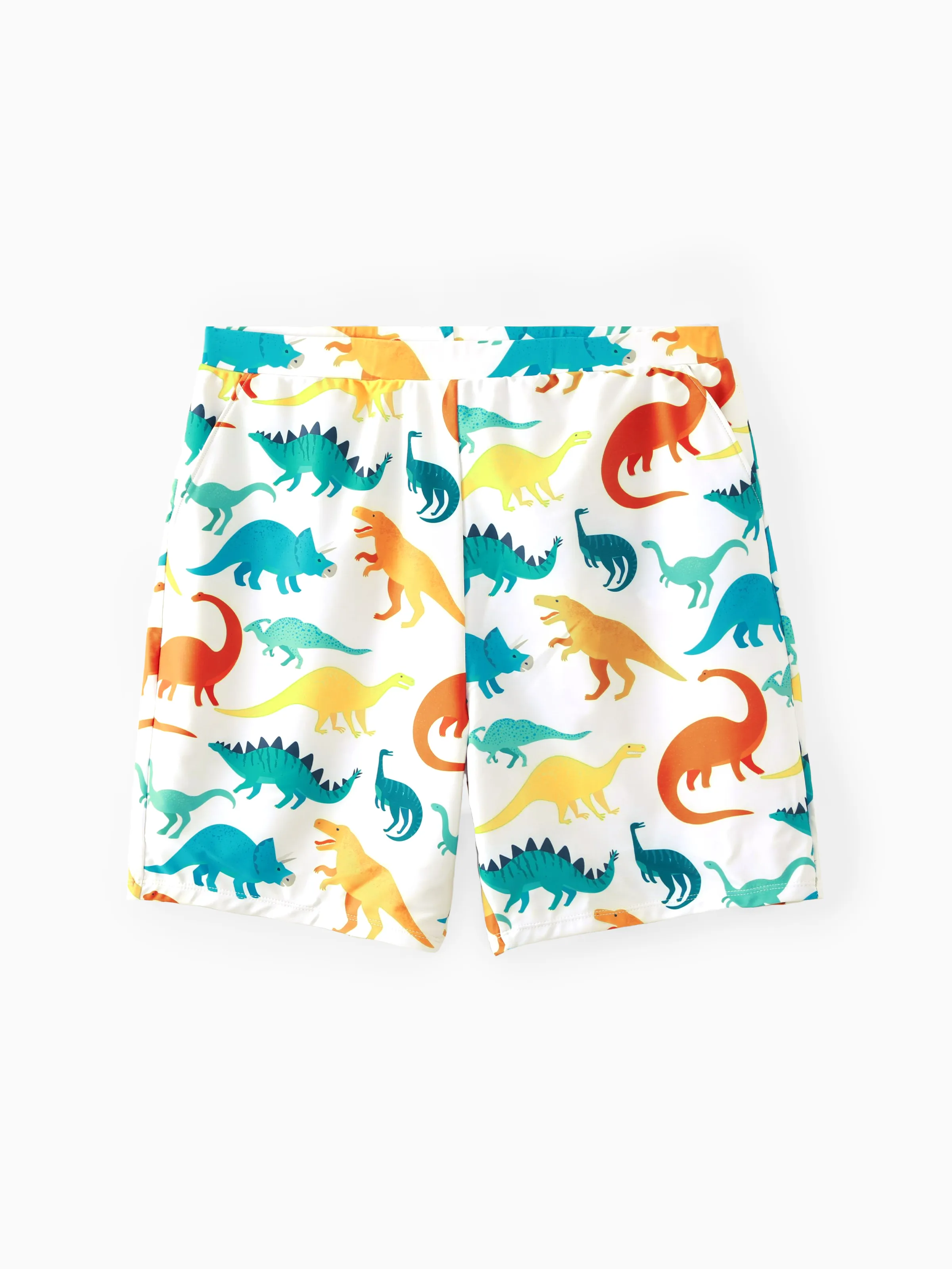 

Family Matching All Over Multicolor Dinosaur Print Swim Trunks Shorts and Ruffle Two-Piece Swimsuit