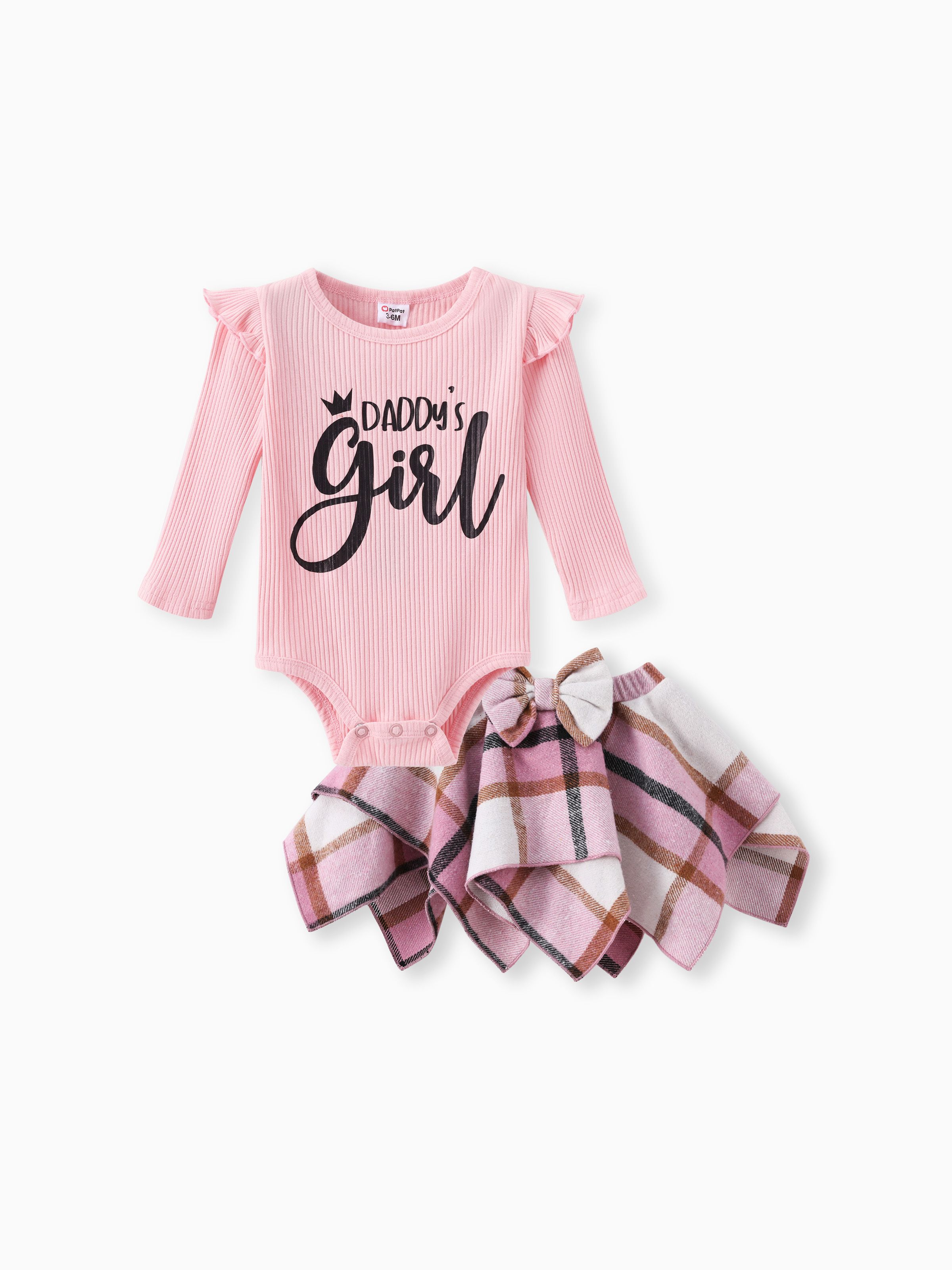 

Baby Girl 2pcs Letter Print Romper and Grid Irregular Skirt Set