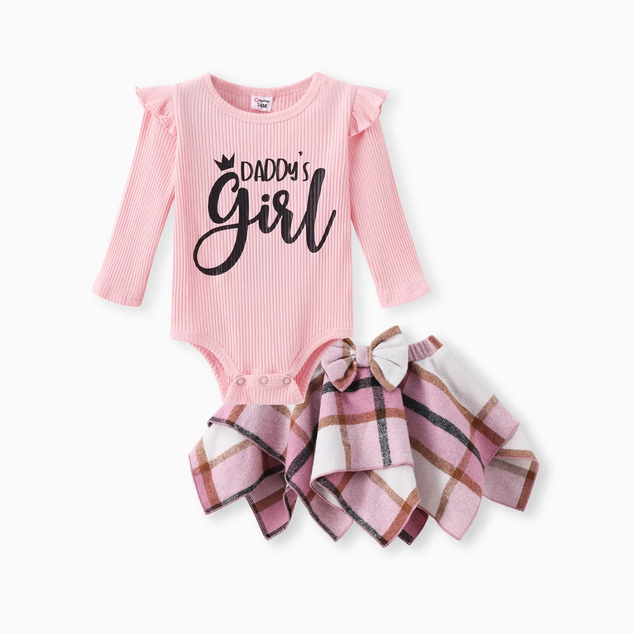 Baby Girl 2pcs Letter Print Romper and Grid Irregular Skirt Set