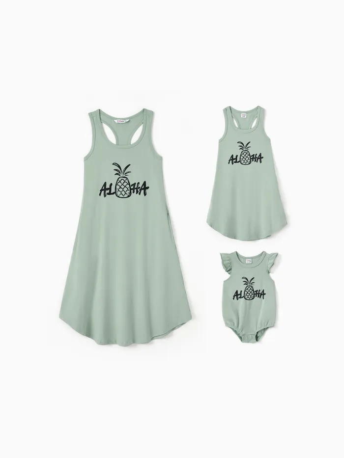 Mommy and Me Sleeveless Letter Print Pineapple Graphic Dress 
