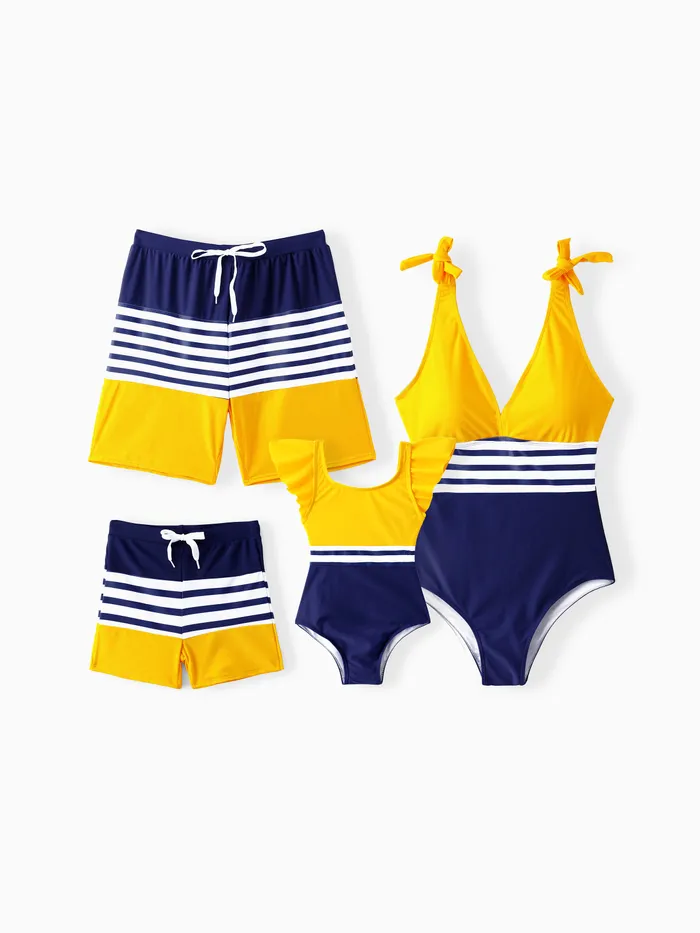 Family Matching Stripe & Colorblock Spliced One Piece Swimsuit or Swim Trunks Shorts