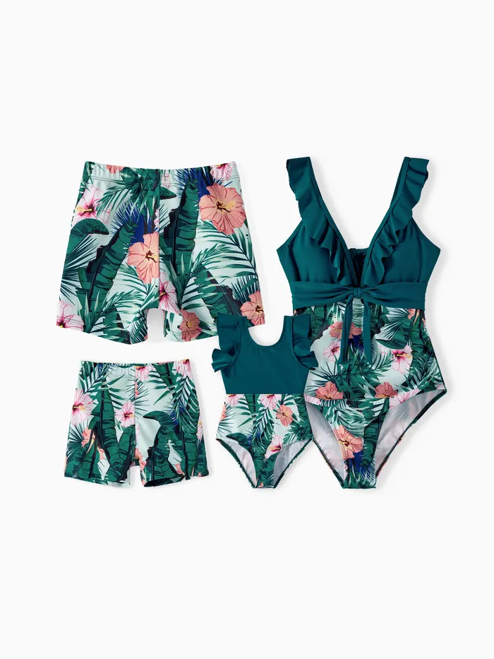 Family Matching Plant Print Ruffle Trim Spliced One-piece Swimsuit or Swim Trunks