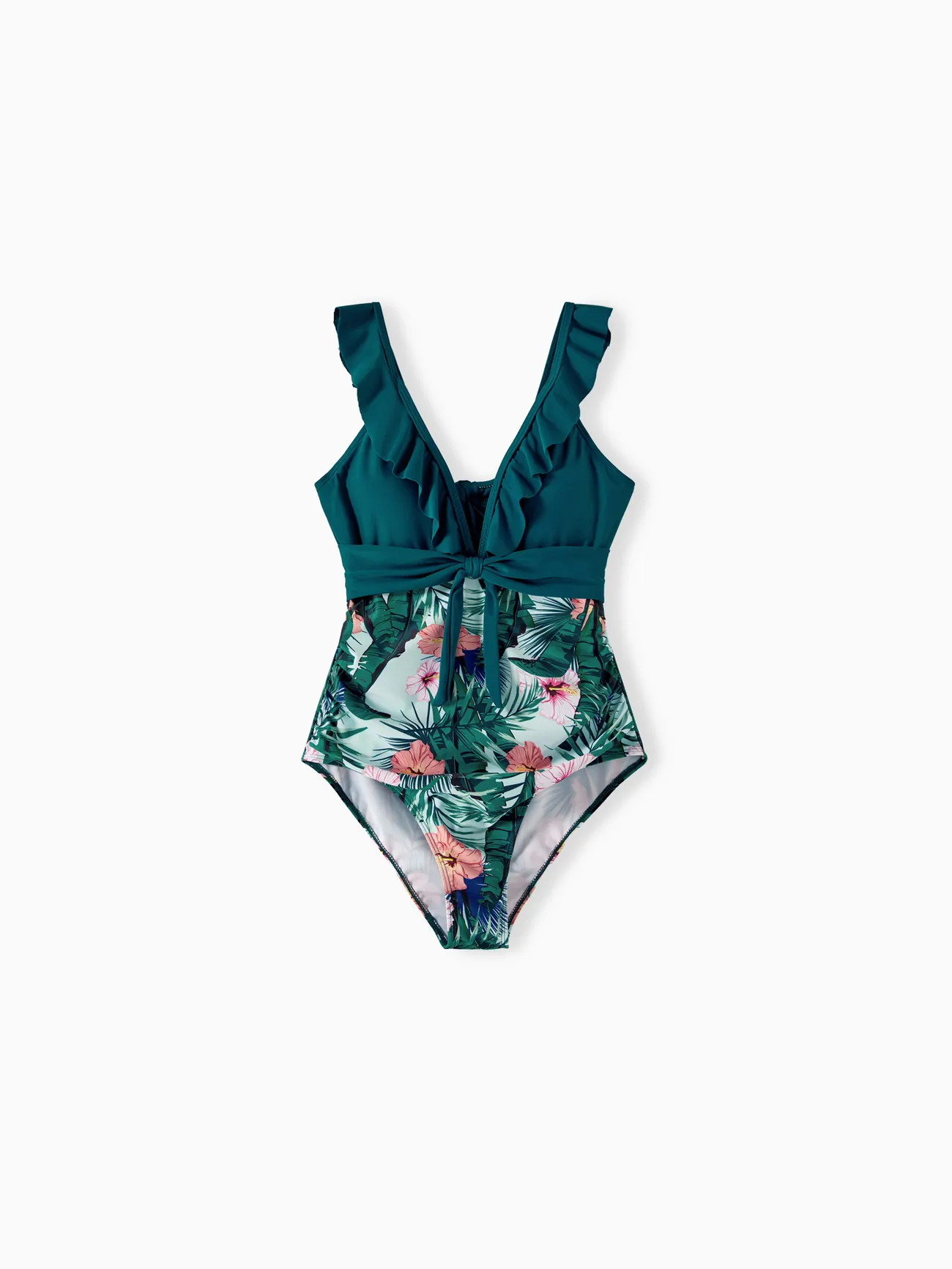 Women - Matching Bathing Suits for Family and Couple - Green Ruffle Trim One-piece Swimsuit and Swim Trunks with Plant Print - Green - image 4