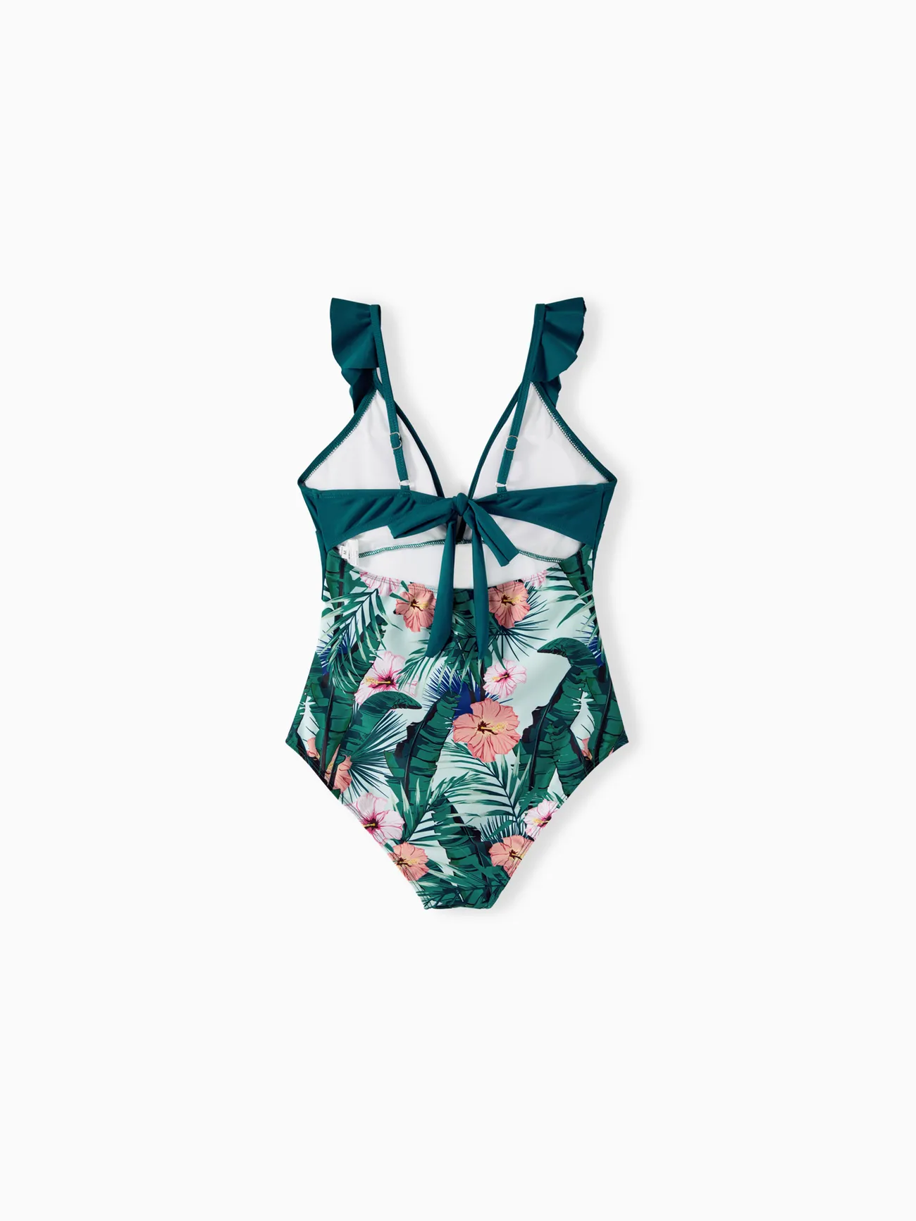 Women - Matching Bathing Suits for Family and Couple - Green Ruffle Trim One-piece Swimsuit and Swim Trunks with Plant Print - Green - image 5