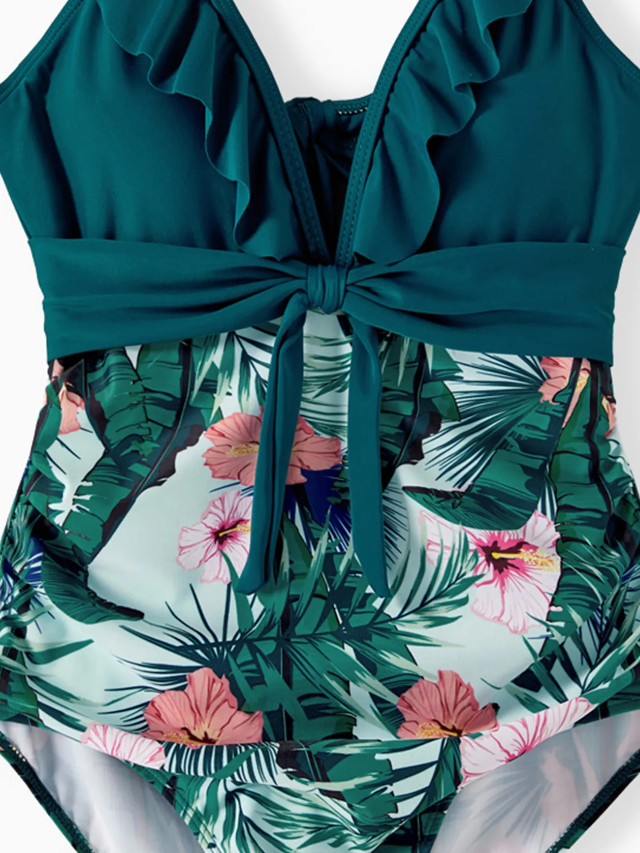 Women - Matching Bathing Suits for Family and Couple - Green Ruffle Trim One-piece Swimsuit and Swim Trunks with Plant Print - Green - image 6