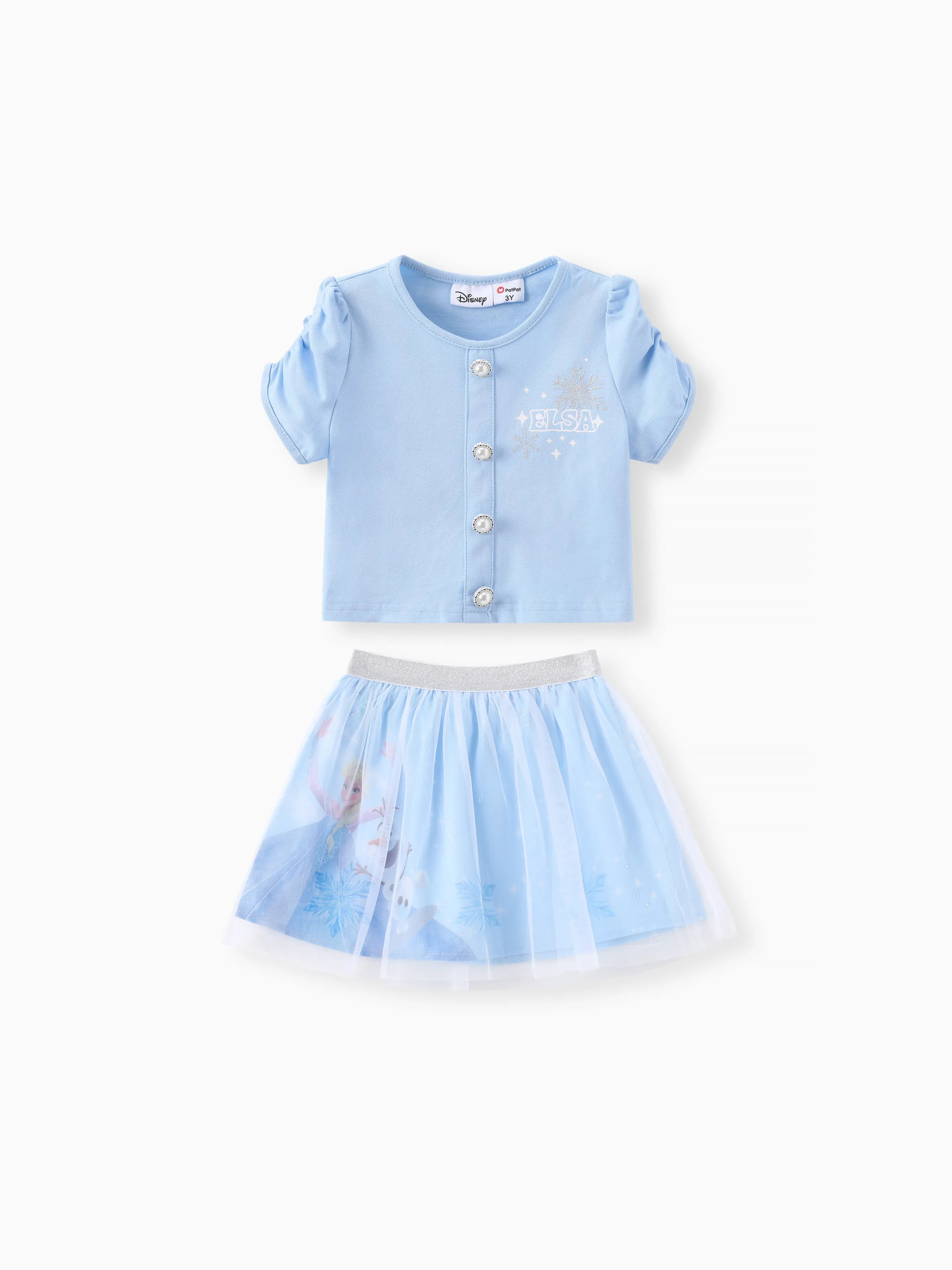 

Disney Frozen Toddler Girls Elsa 2pcs Letter Character Print Puff-sleeve Cotton Top with Mesh Skirt Set