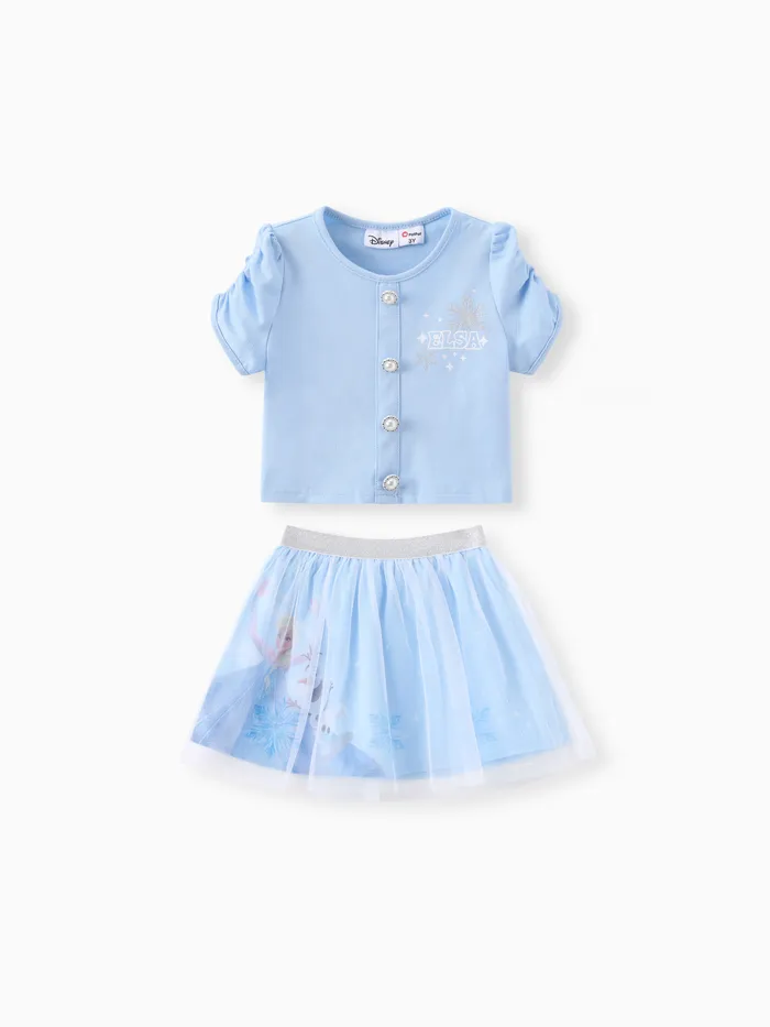 迪士尼冰雪奇緣幼兒女孩艾爾莎 2 件字母字元印花泡泡袖棉質上衣帶網眼裙套裝