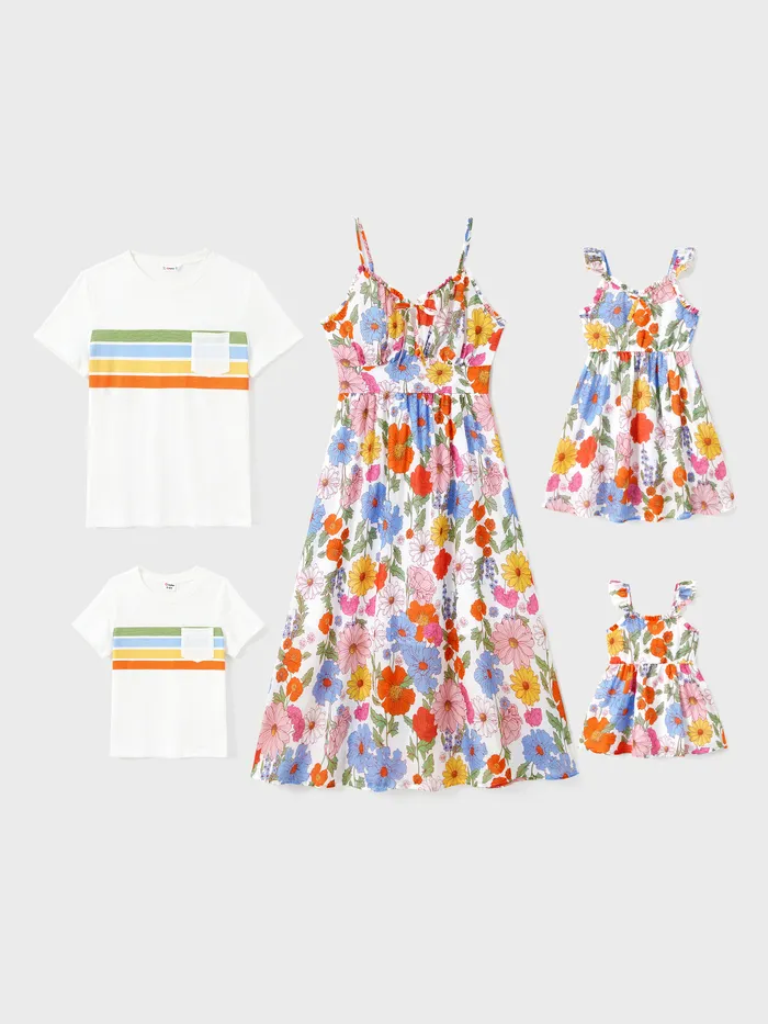 Family Matching Sets Colorful Striped Tee or Floral Ruched Bust Tie Neck Sleeveless Strap Dress