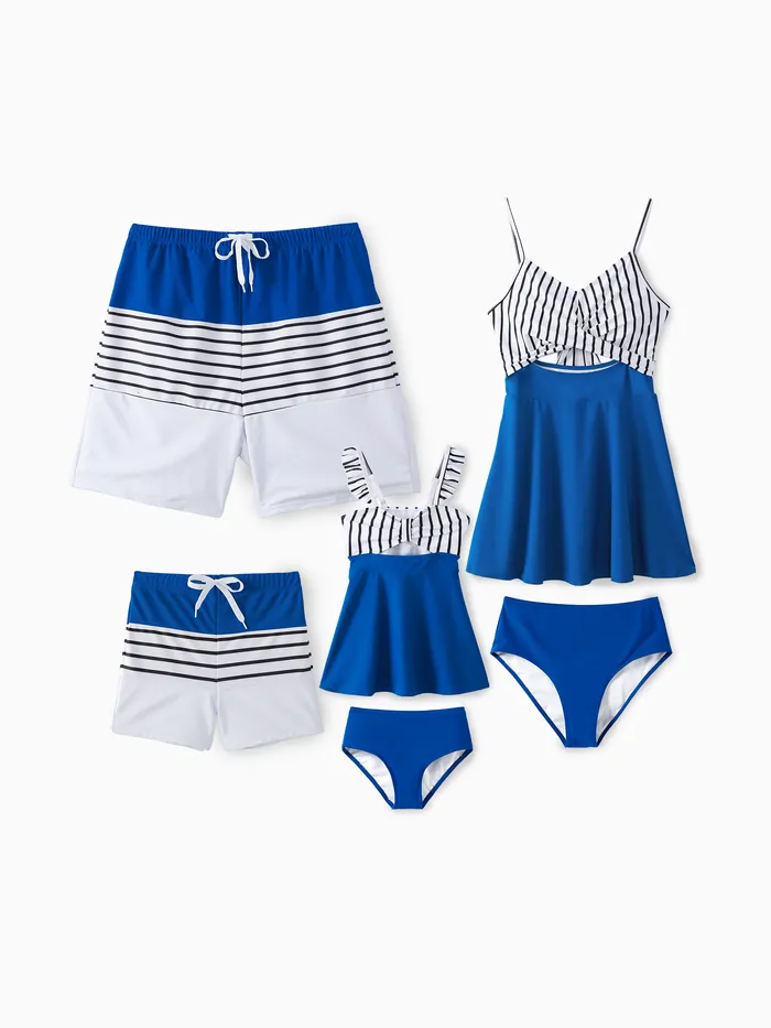 Matching Family Swimsuit Colorblock Drawstring Swim Trunks or Striped Blue Spliced Tankini with Cross-Front, Tie-Back, and Thin Straps