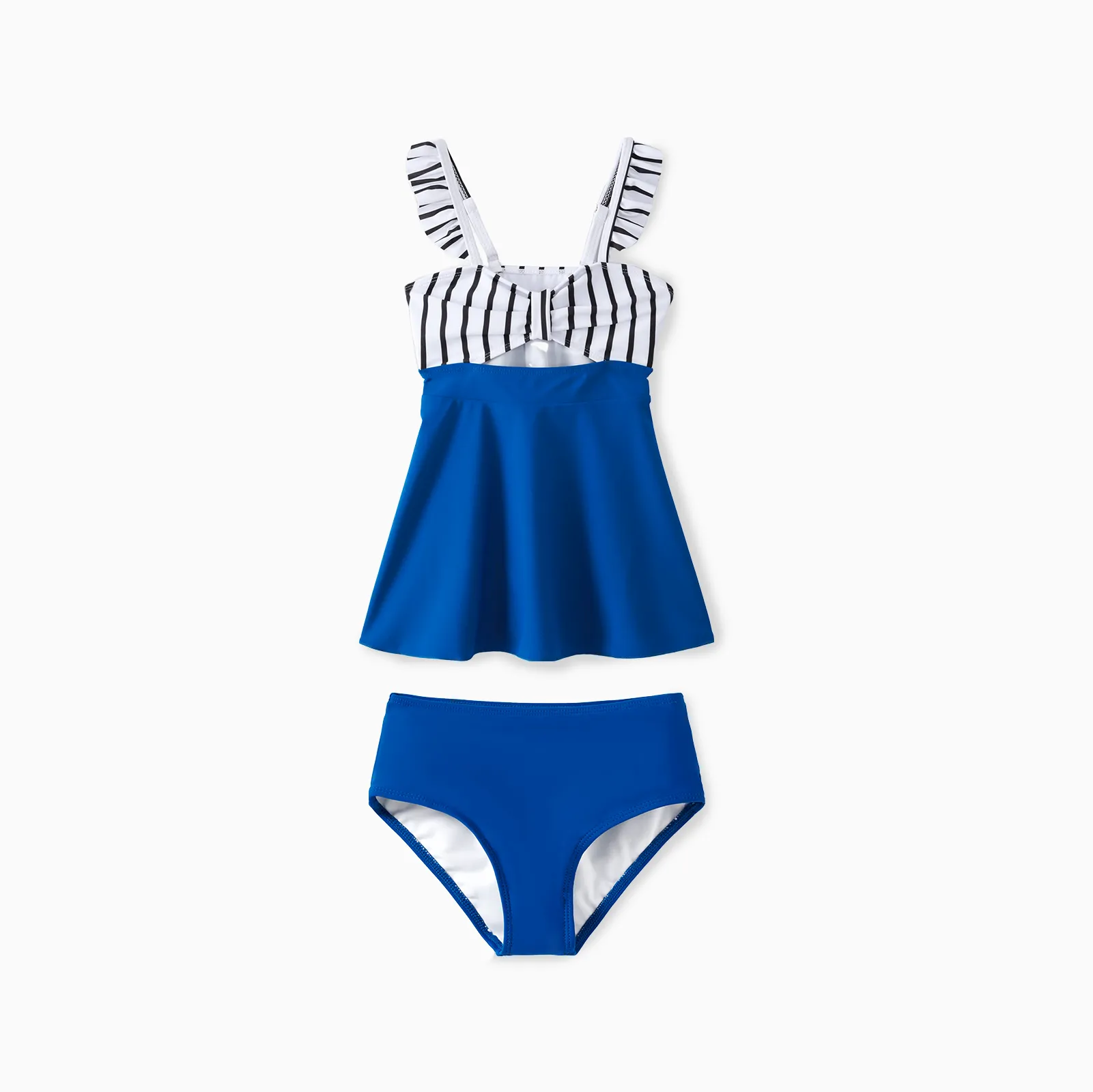 

Matching Family Swimsuit Colorblock Drawstring Swim Trunks or Striped Blue Spliced Tankini with Cross-Front, Tie-Back, and Thin Straps