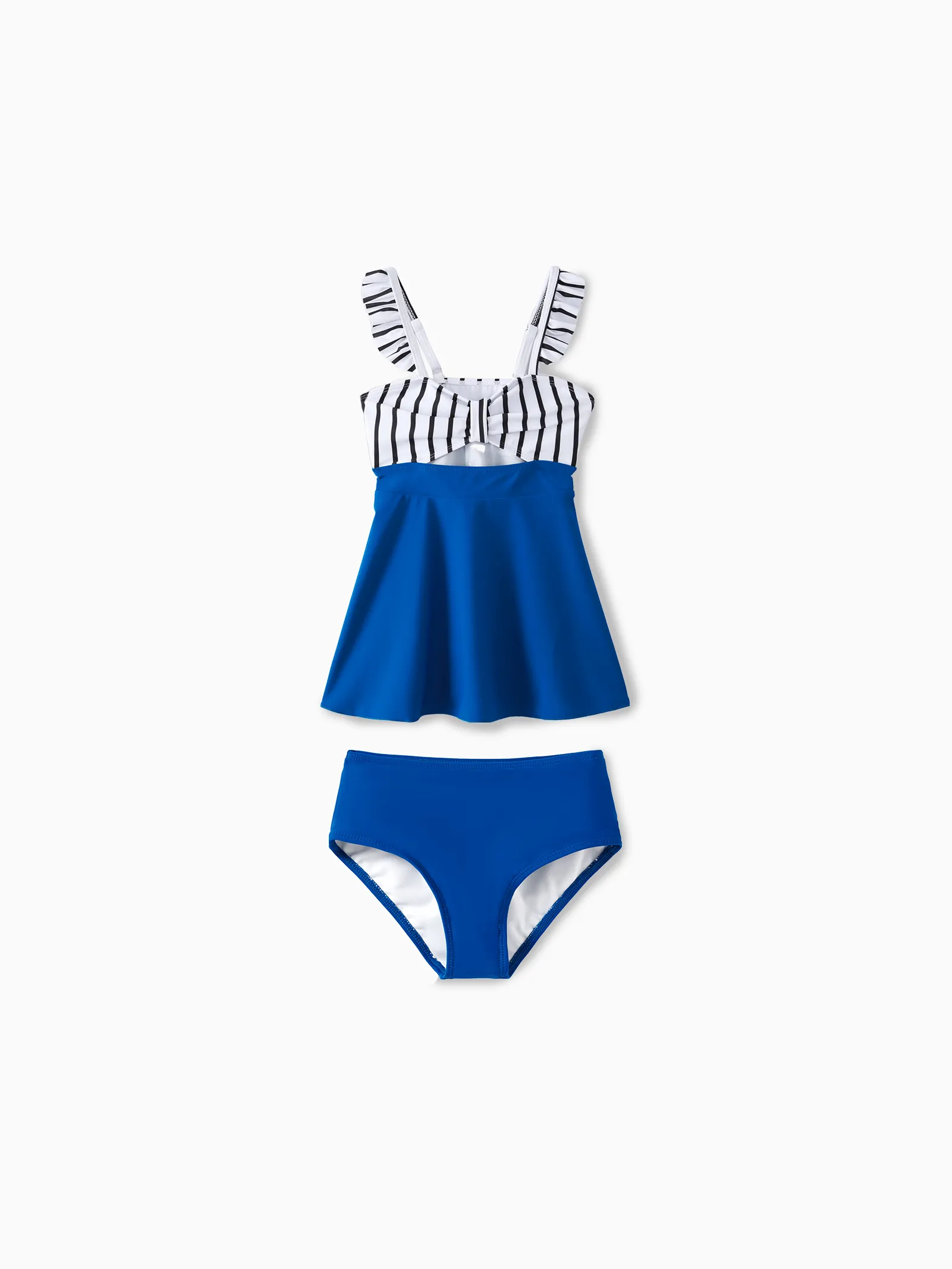 

Matching Family Swimsuit Colorblock Drawstring Swim Trunks or Striped Blue Spliced Tankini with Cross-Front, Tie-Back, and Thin Straps