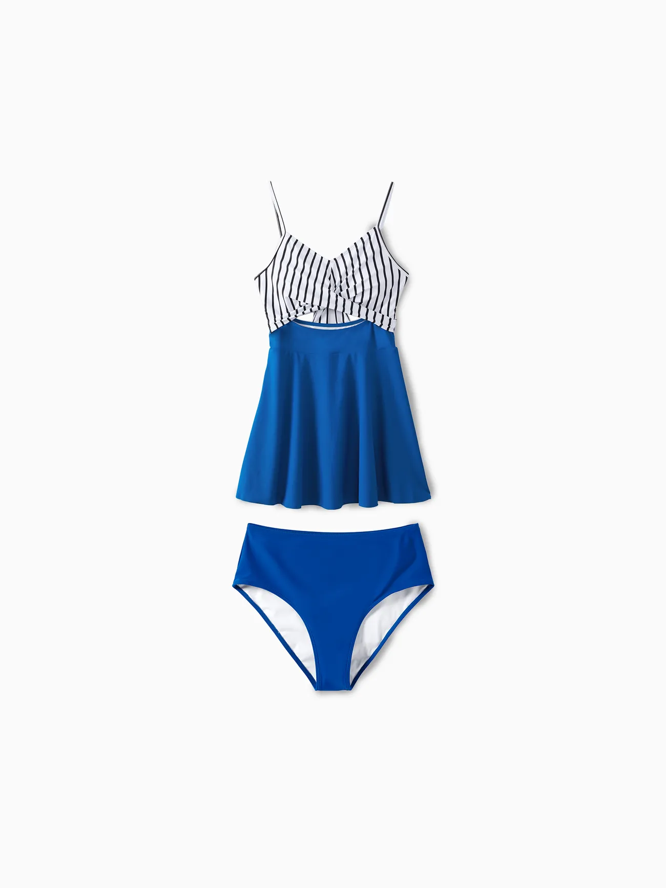 

Matching Family Swimsuit Colorblock Drawstring Swim Trunks or Striped Blue Spliced Tankini with Cross-Front, Tie-Back, and Thin Straps