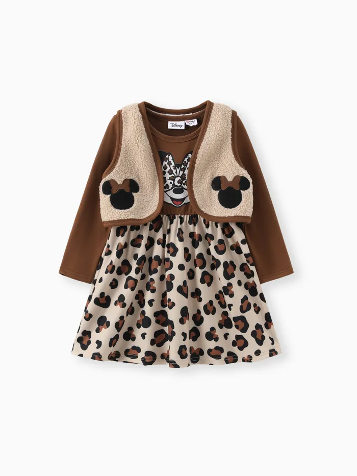 Disney Mickey and Friends Toddler Girl 2pcs Minnie Fleece Vest con Vestido de Leopardo