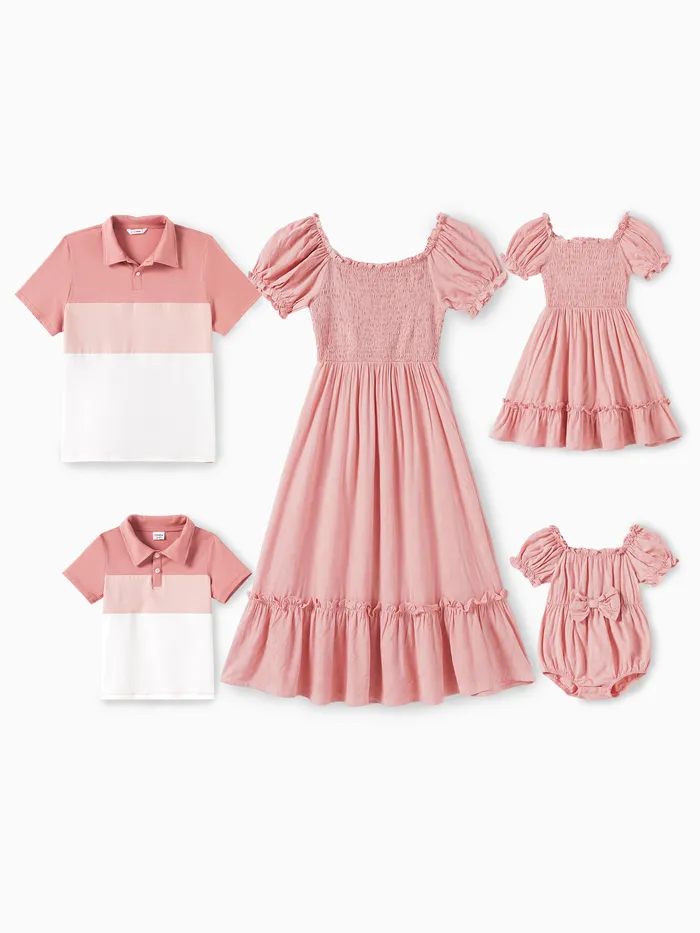 Family Matching Color Block Polo Shirt and Pink Shirred Top Bubble Sleeves Dress Sets