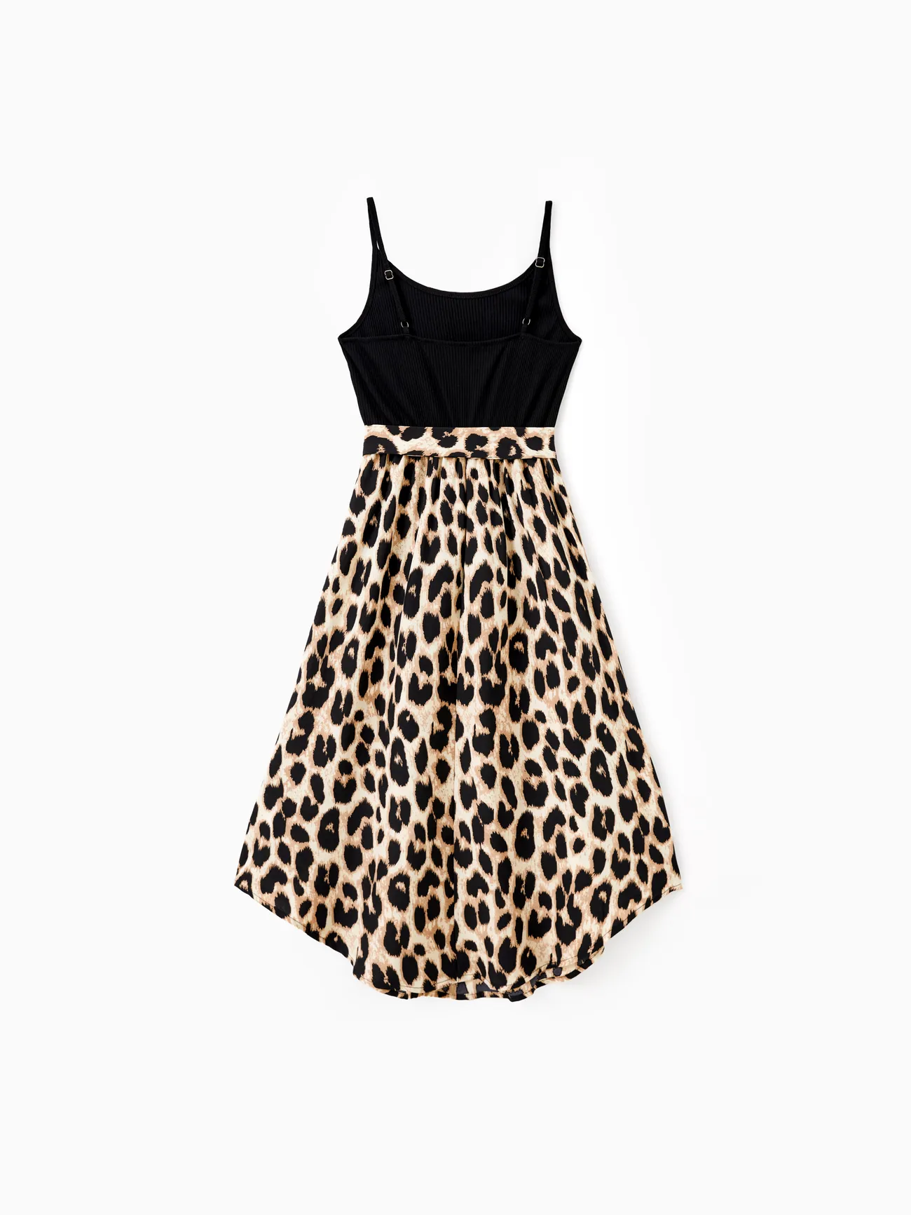 Women - Family Matching 95% Cotton Short-sleeve T-shirts and Rib Knit Spliced Leopard Belted Cami Dresses Sets - Black - image 3
