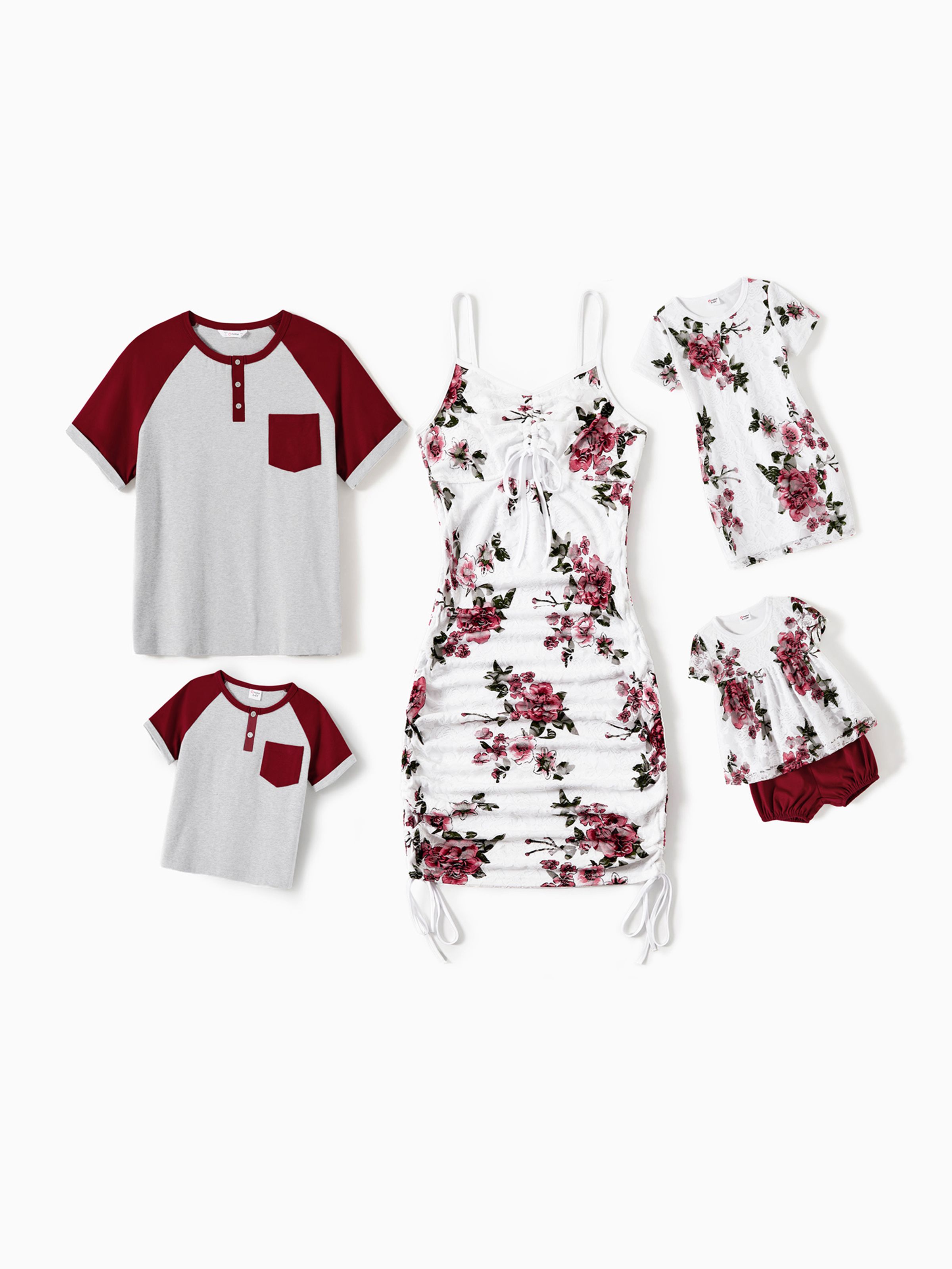 

Family Matching Cotton Colorblock Raglan Sleeve T-shirts and Allover Floral Print Drawstring Ruched Bodycon Dresses Sets