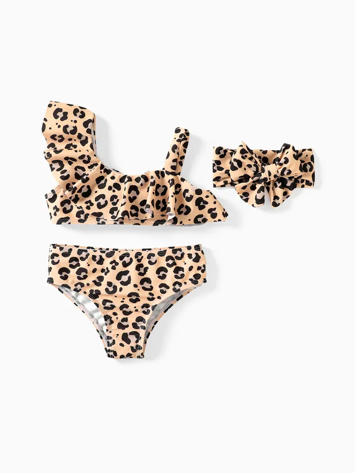 3Pcs Toddler Girl Leopard Print Ruffled Two-piece Swimsuit Set
