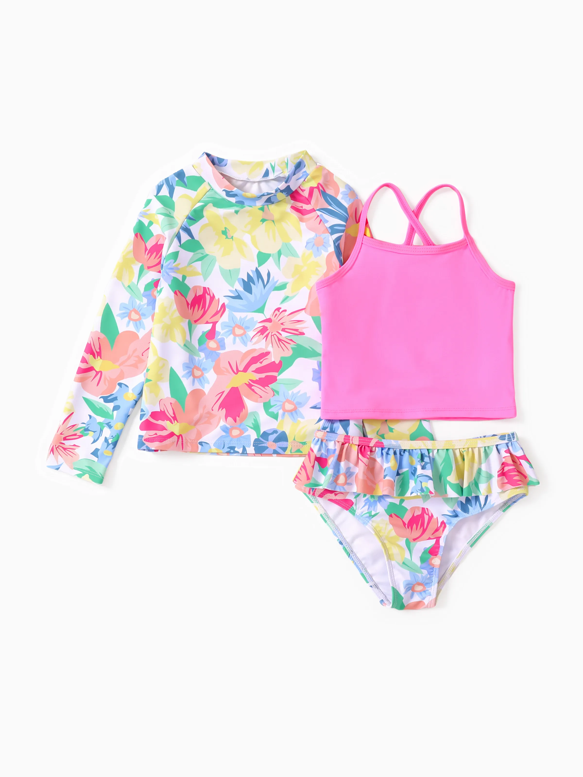 Traje de baño de tres piezas con volantes tropicales dulces para niñas - Poliéster y Spandex