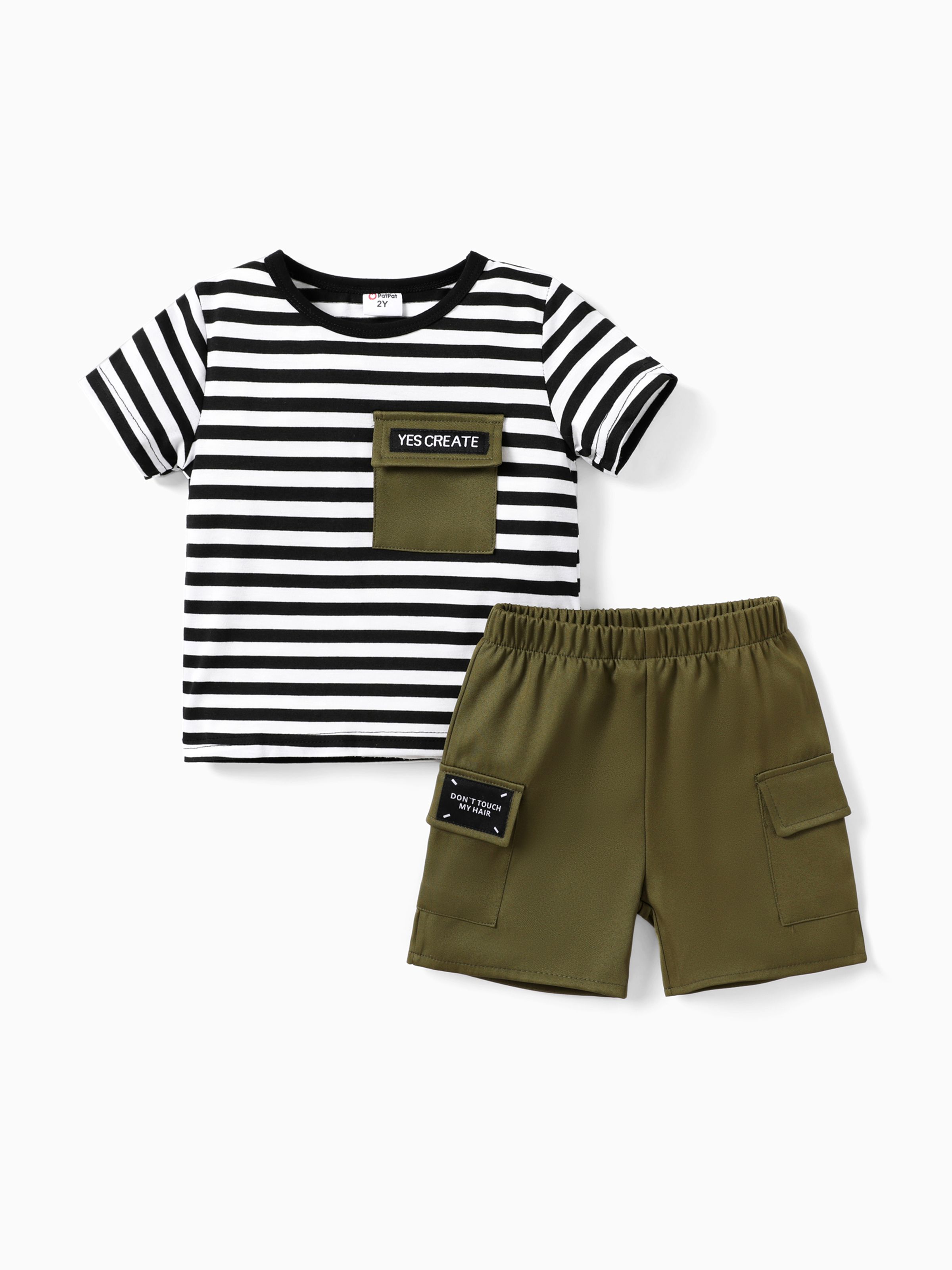 

Boys' 2pcs Stripe Workwear Short Sleeve Set - Oversized, Polyester Spandex Material