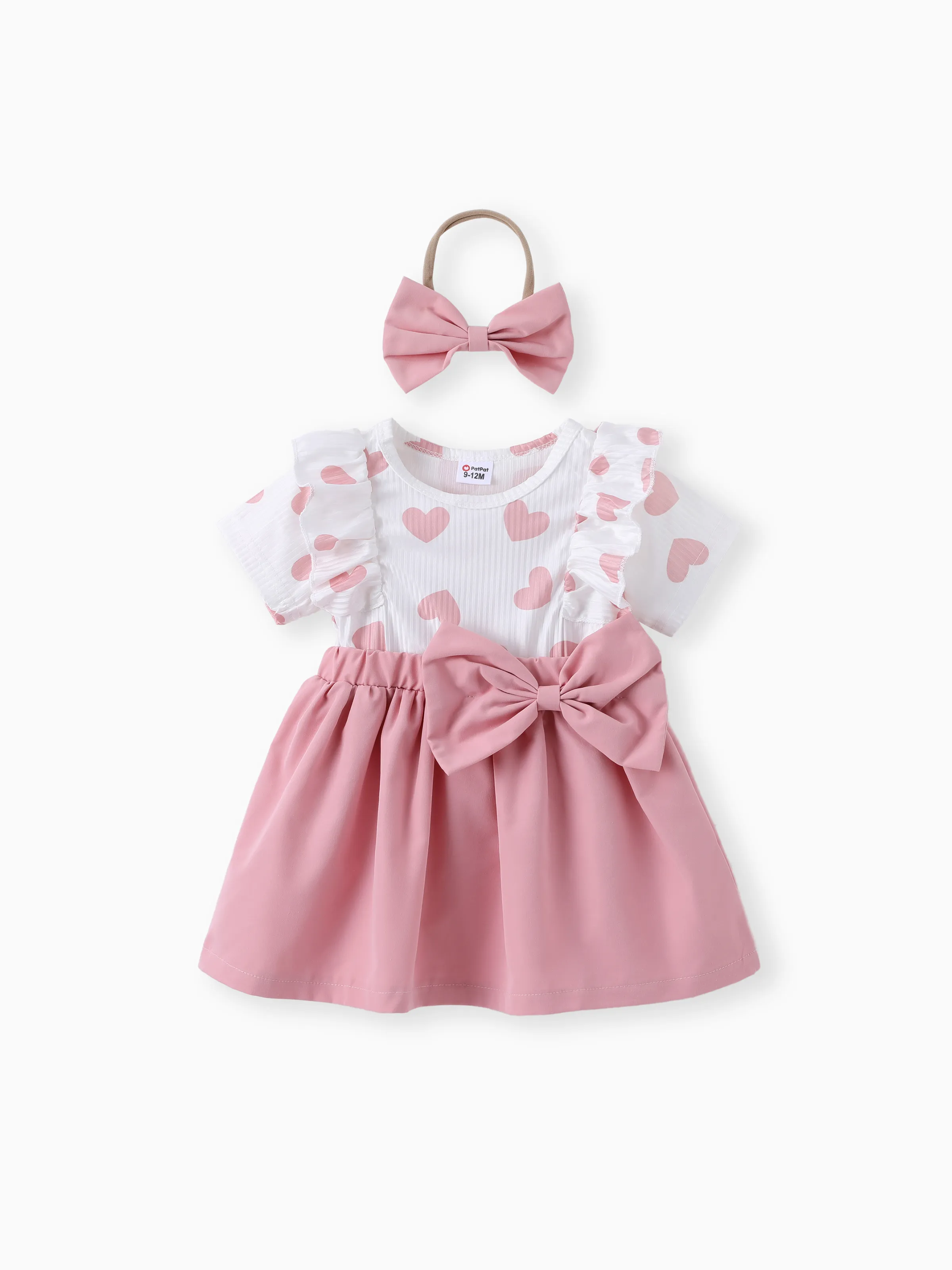 

2pcs Baby Girl Heart Print Ruffled Faux-two Bowknot Dress & Headband Set