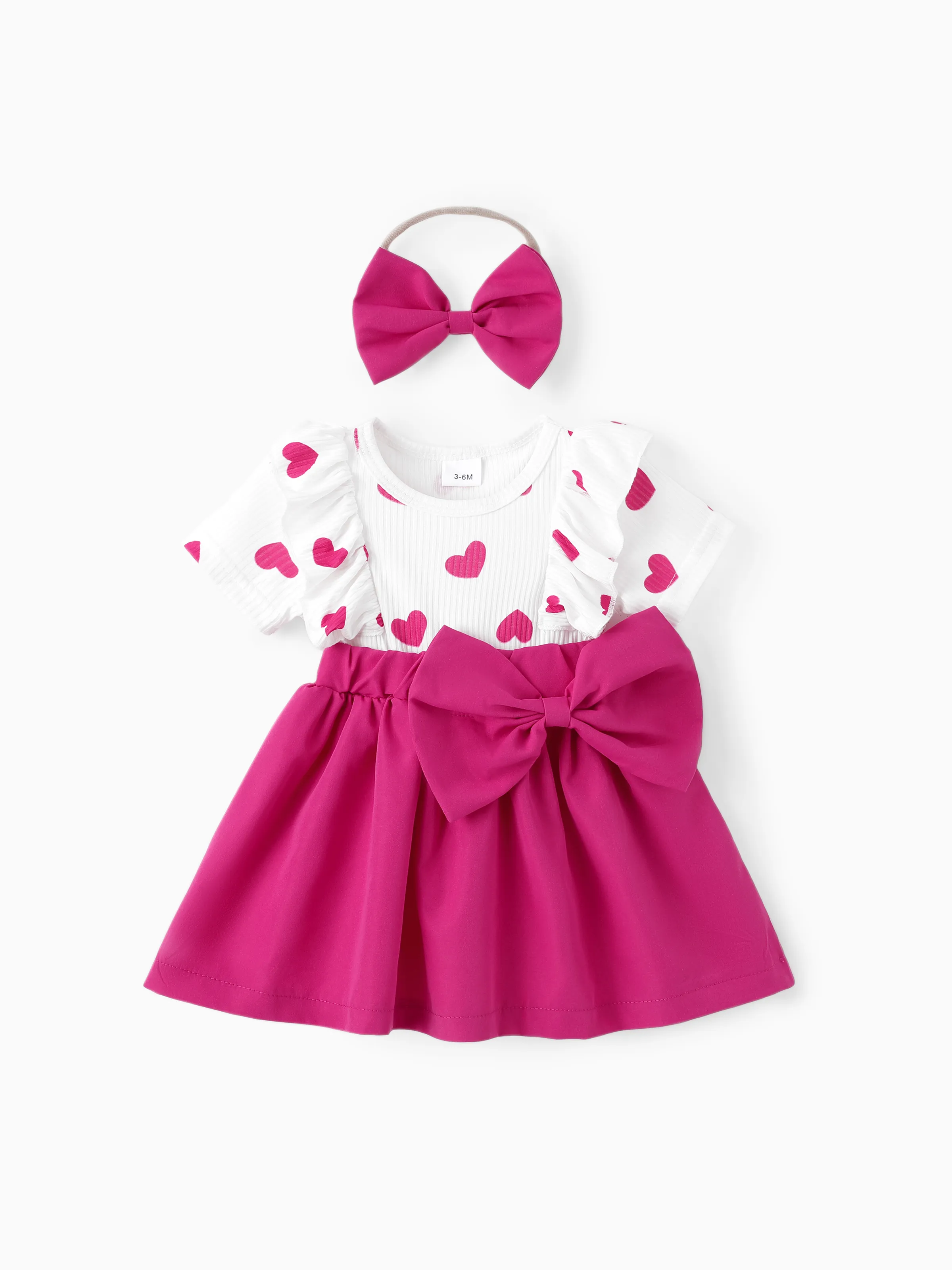 

2pcs Baby Girl Heart Print Ruffled Faux-two Bowknot Dress & Headband Set