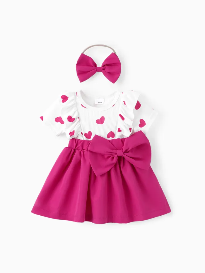 2pcs Baby Girl Heart Print Ruffled Faux-two Bowknot Dress & Headband Set