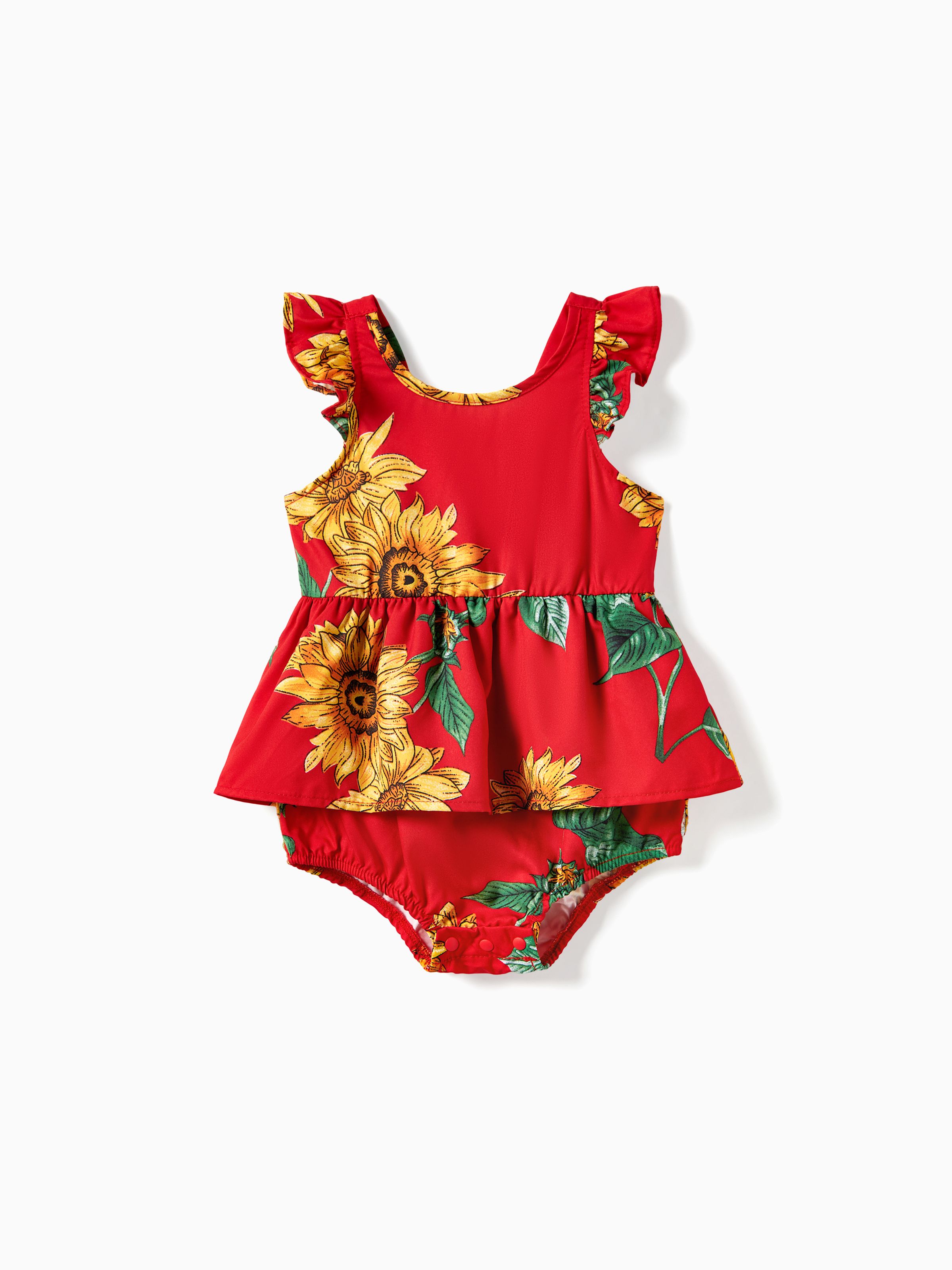 

Mommy and Me Sunflower Pattern Shirred Ruffle Hem A-Line Dress