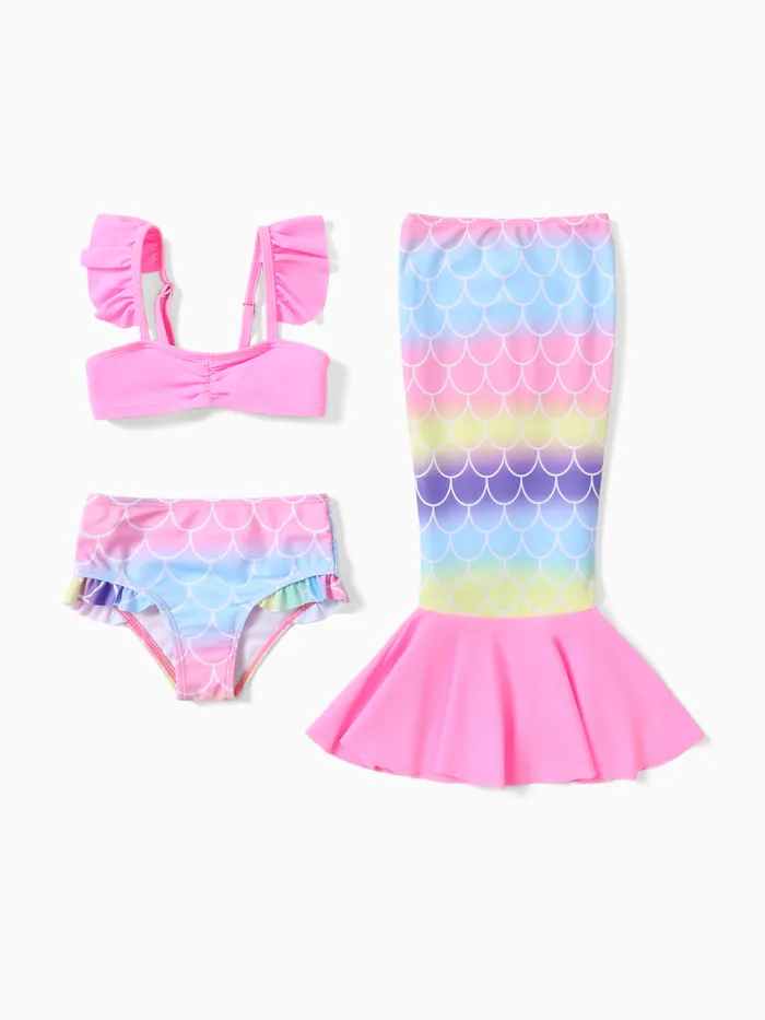 Mermaid Ruffle 3pcs Conjunto de trajes de baño para niñas - Ajuste ceñido