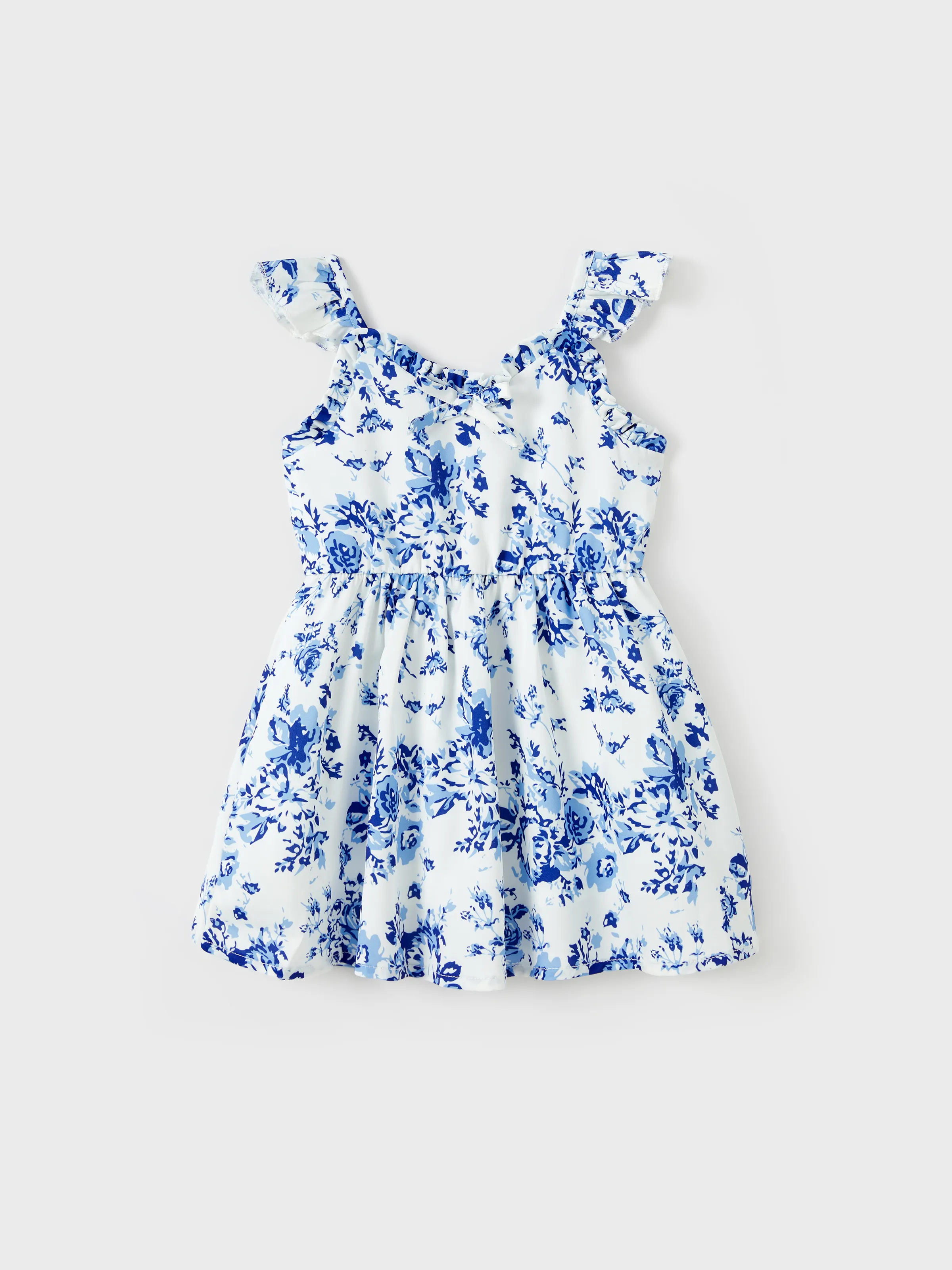 

Mommy and Me Blue Floral Ruched Bust Tie Neck Flutter Trim Silky Satin Strap Dresses