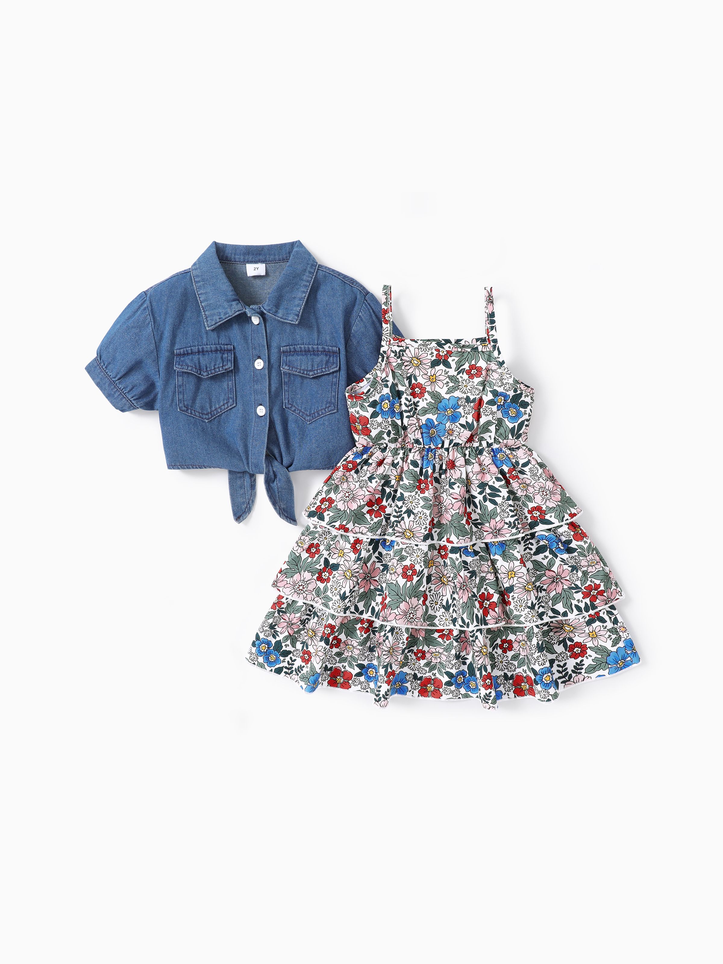 Sweet Toddler Girl 2件棉質西裝連衣裙，帶花卉圖案