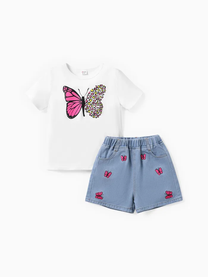 Kid Girl 2pcs Camiseta con estampado de mariposas y pantalones cortos de mezclilla