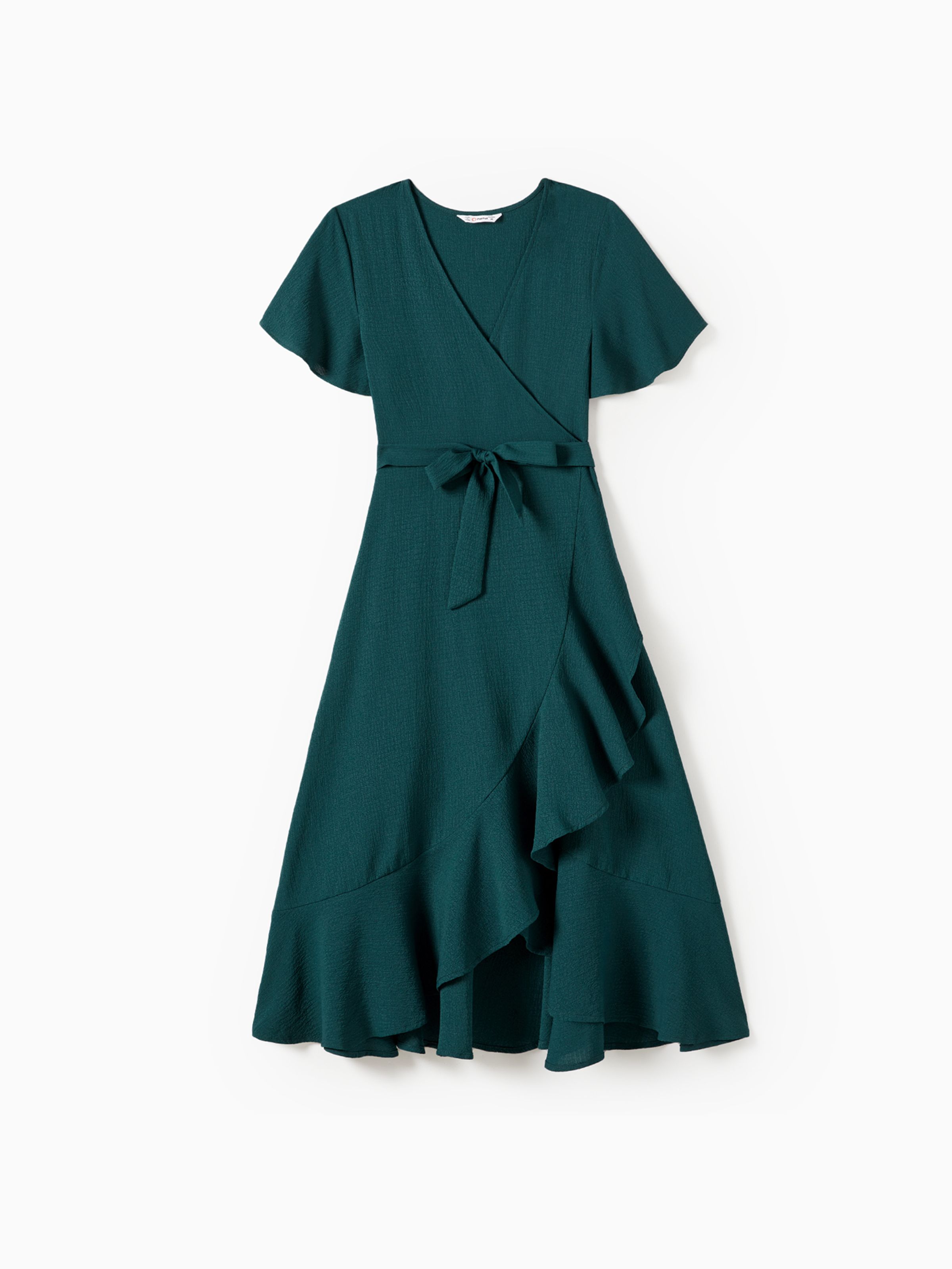 

Family Matching Green Solid Color V-neck Belted Dresses And Color Block Short-Sleeved Tops Sets