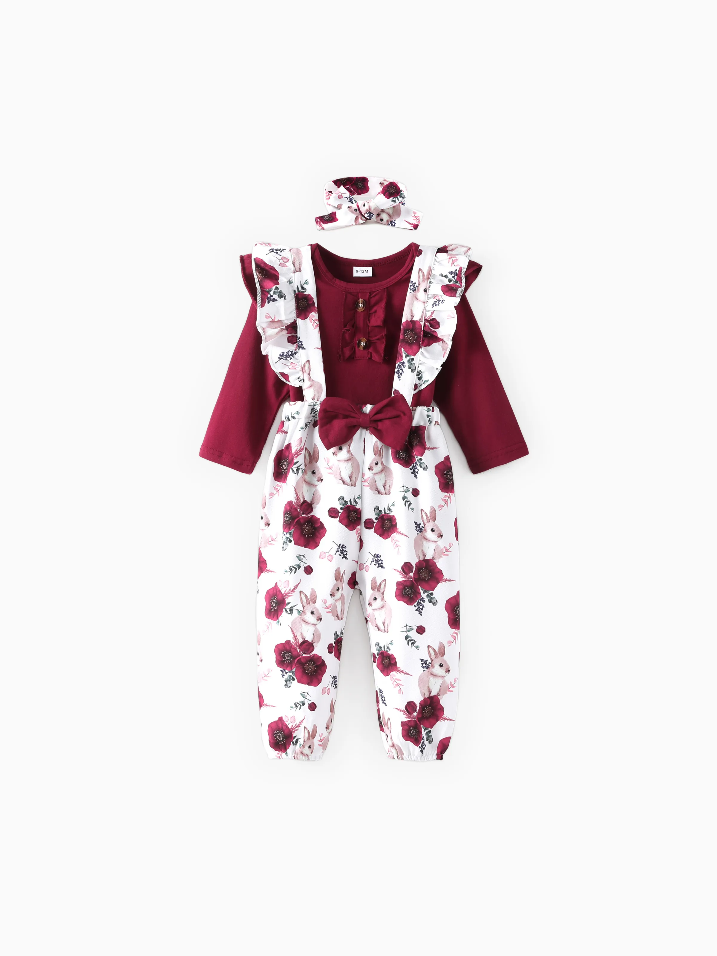 

Baby Girl 3pcs Sweet Solid Romper and Floral Print Ruffled Overalls with Headband Set