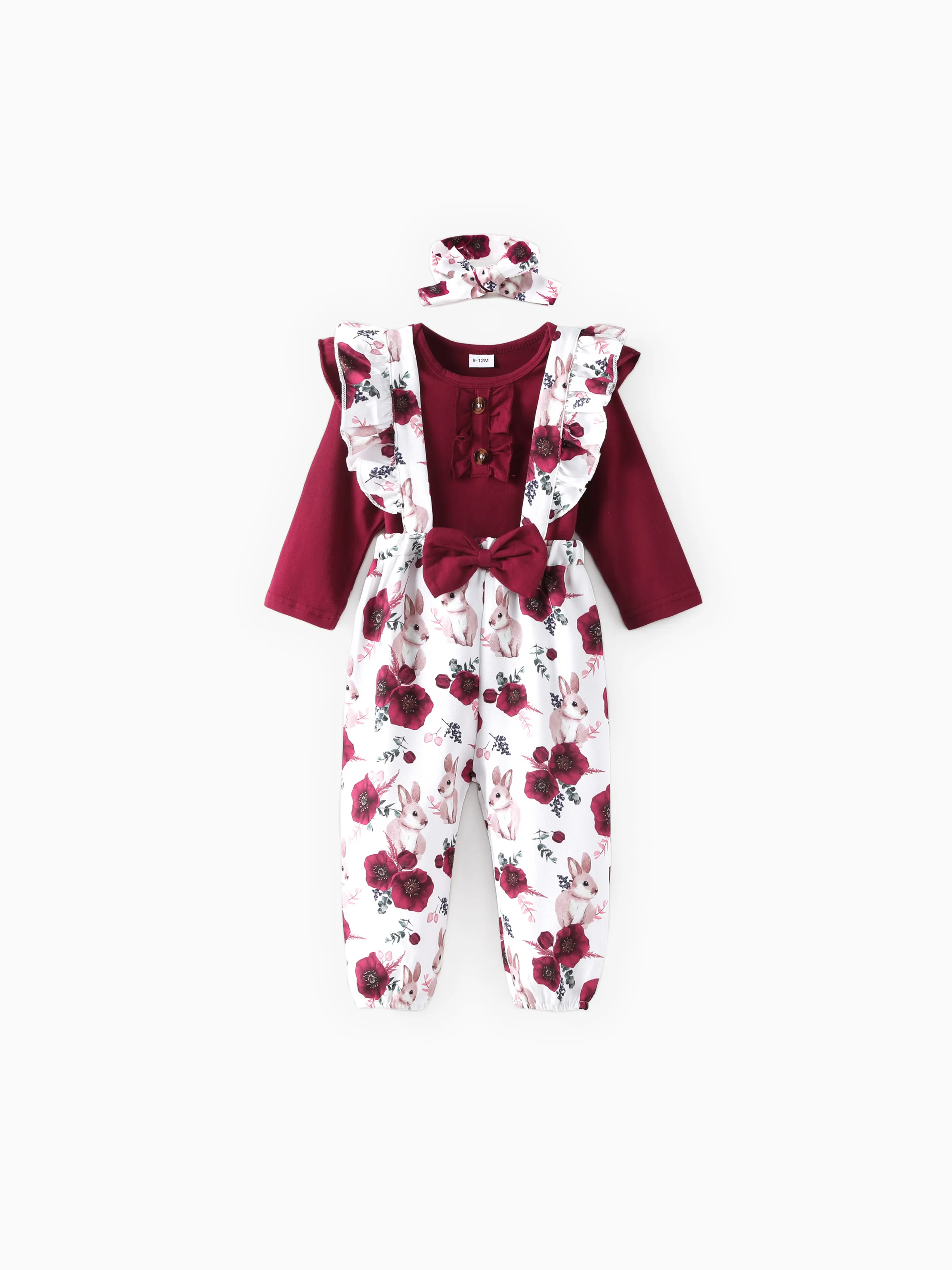 Baby Girl 3pcs Sweet Solid Mameluco y Monos con volantes con estampado floral con juego de diadema