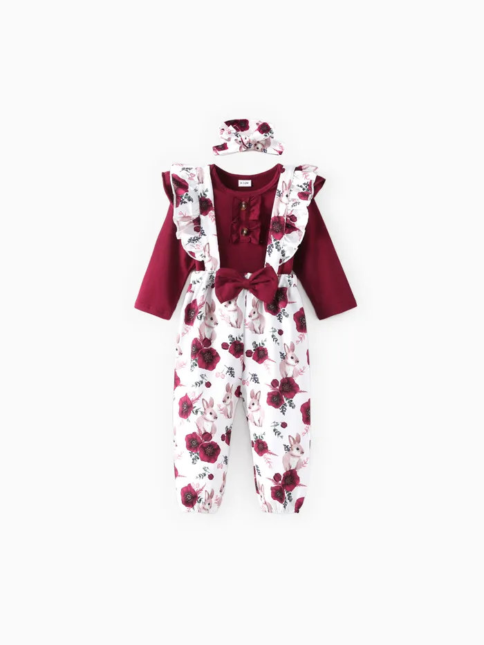 Baby Girl 3pcs Sweet Solid Romper and Floral Print Ruffled Overalls with Headband Set