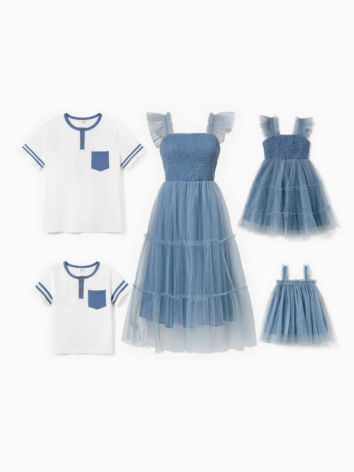 Family Matching Button Tee and Shirred Spliced Tiered Mesh A-Line Dress Sets