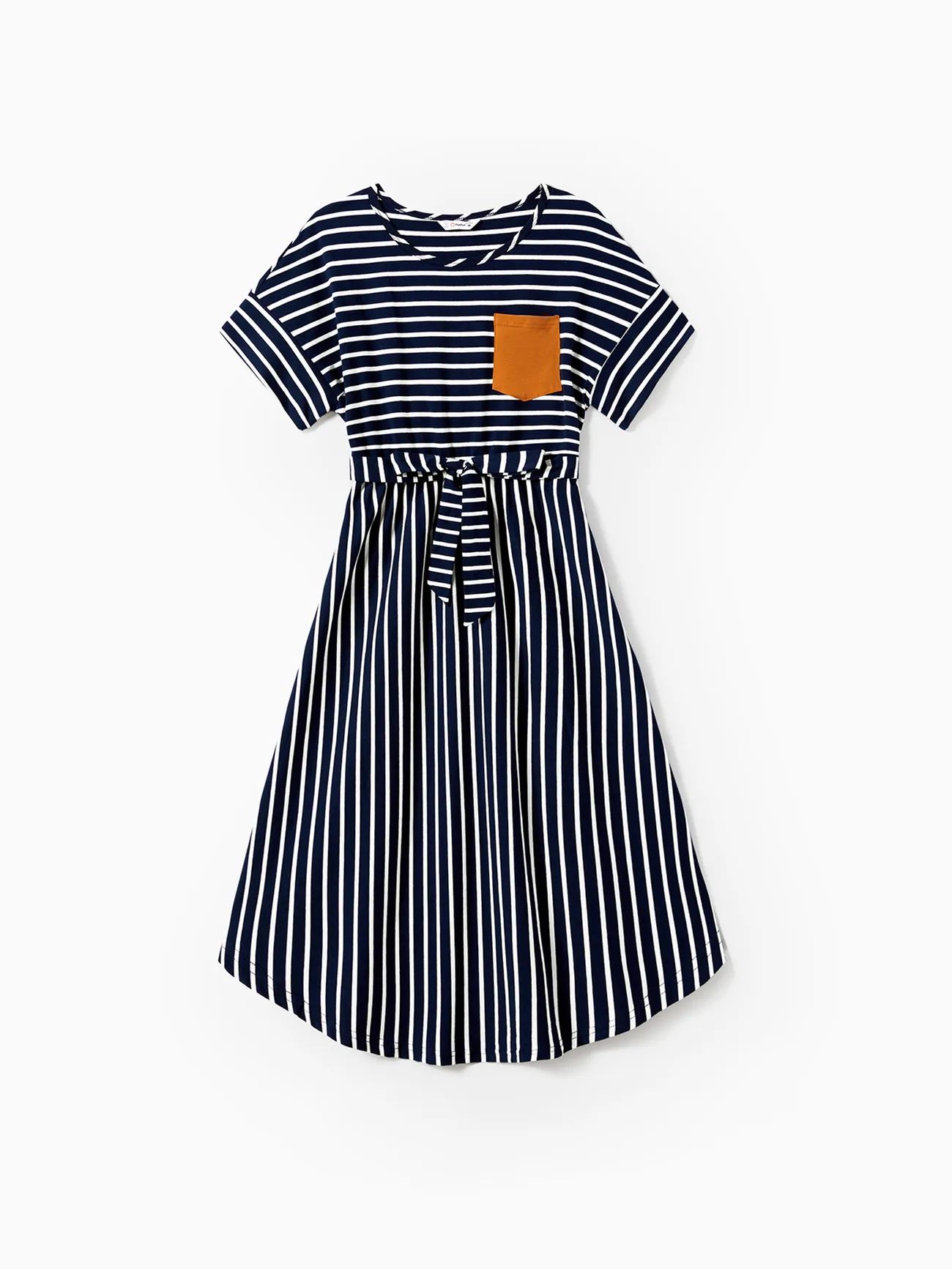 

Family Matching Stripe Patched Pocket Belted Dresses and Colorblock Striped T-shirts Sets