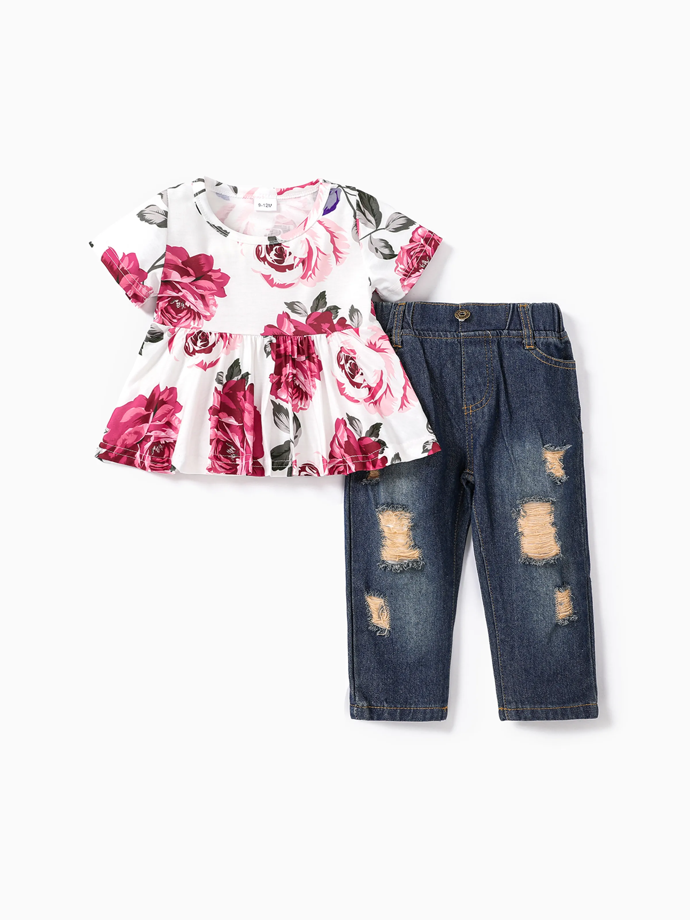 Conjunto de 2 piezas de jeans rotos de mezclilla de bebé niña 95% algodón y top de manga corta con estampado floral