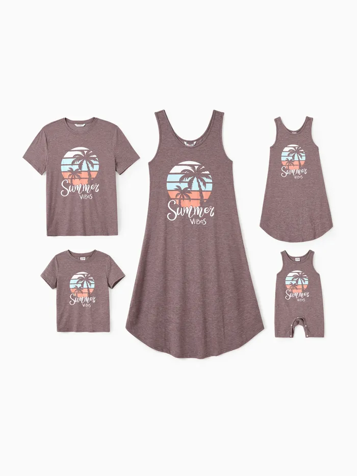 Family Matching Sets Summer Vibes Coconut Tree Pattern Brown Graphic Tee/dress/romper