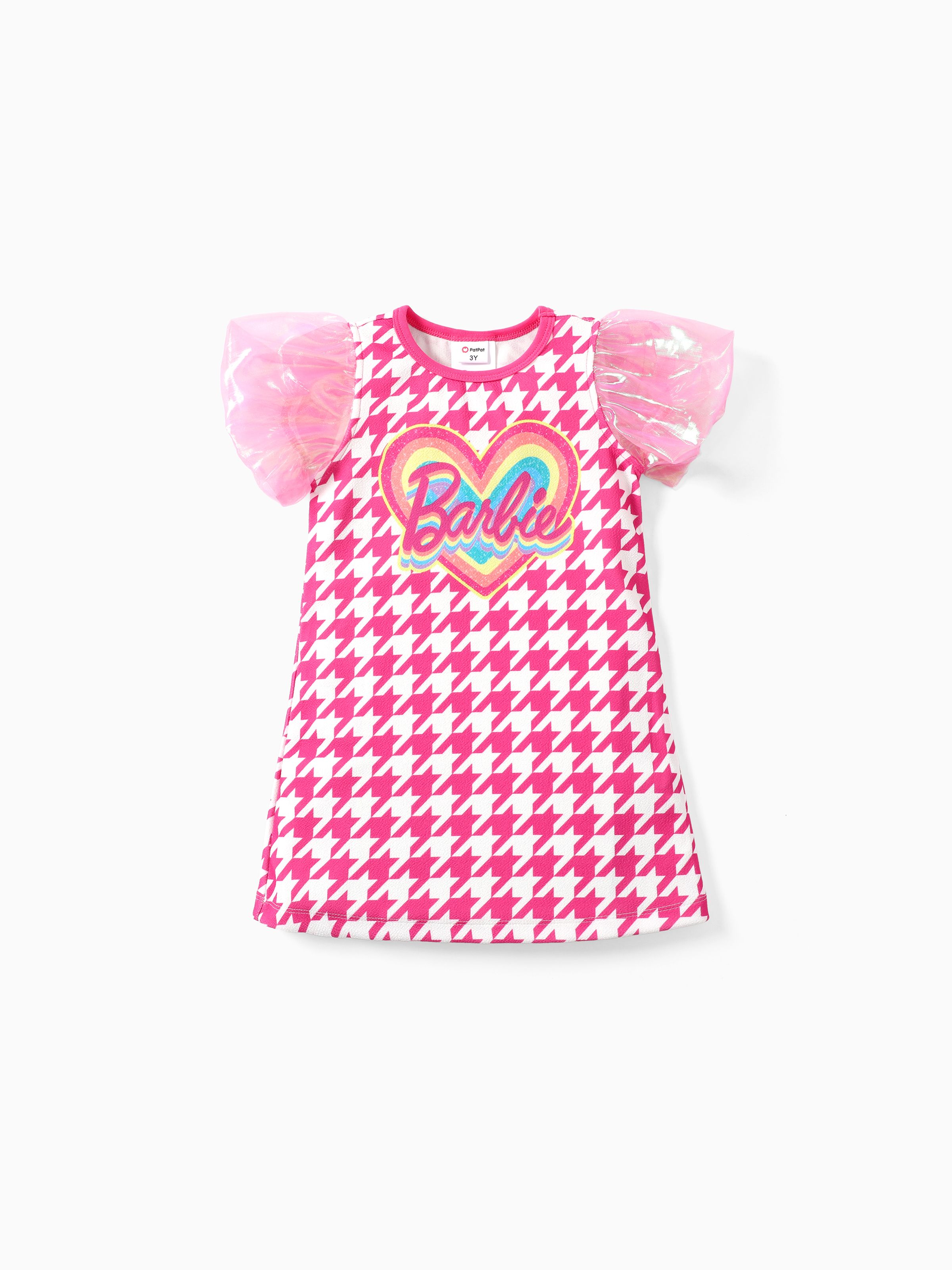 

Barbie Kids/Toddler Girls Mother's Day 1pc Glossy Color Mesh Puff Sleeve Petite Houndstooth Dress