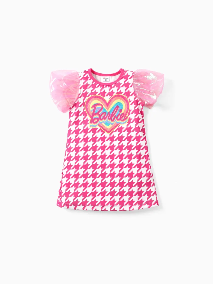 Barbie Kids/Toddler Girls Mother's Day 1pc Glossy Color Mesh Puff Sleeve Petite Houndstooth Dress