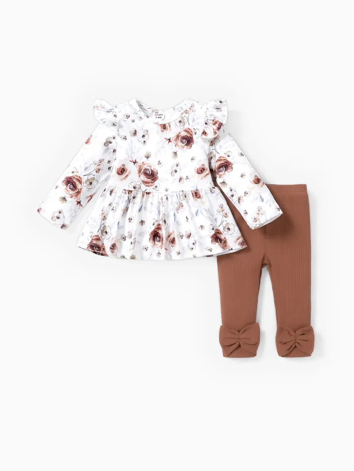 2PCS Baby Girl Sweet Floral Print Flutter Sleeve Top and Solid Pant Set
