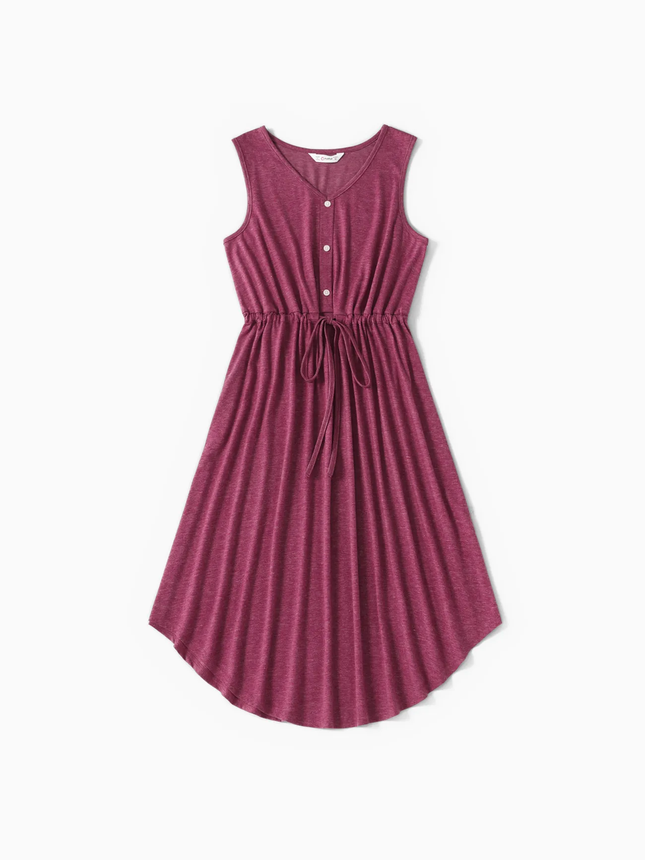 Women - Family Matching Solid V Neck Sleeveless Button Up Drawstring Dresses and Striped Colorblock Short-sleeve T-shirts Sets - deeppurple - image 2