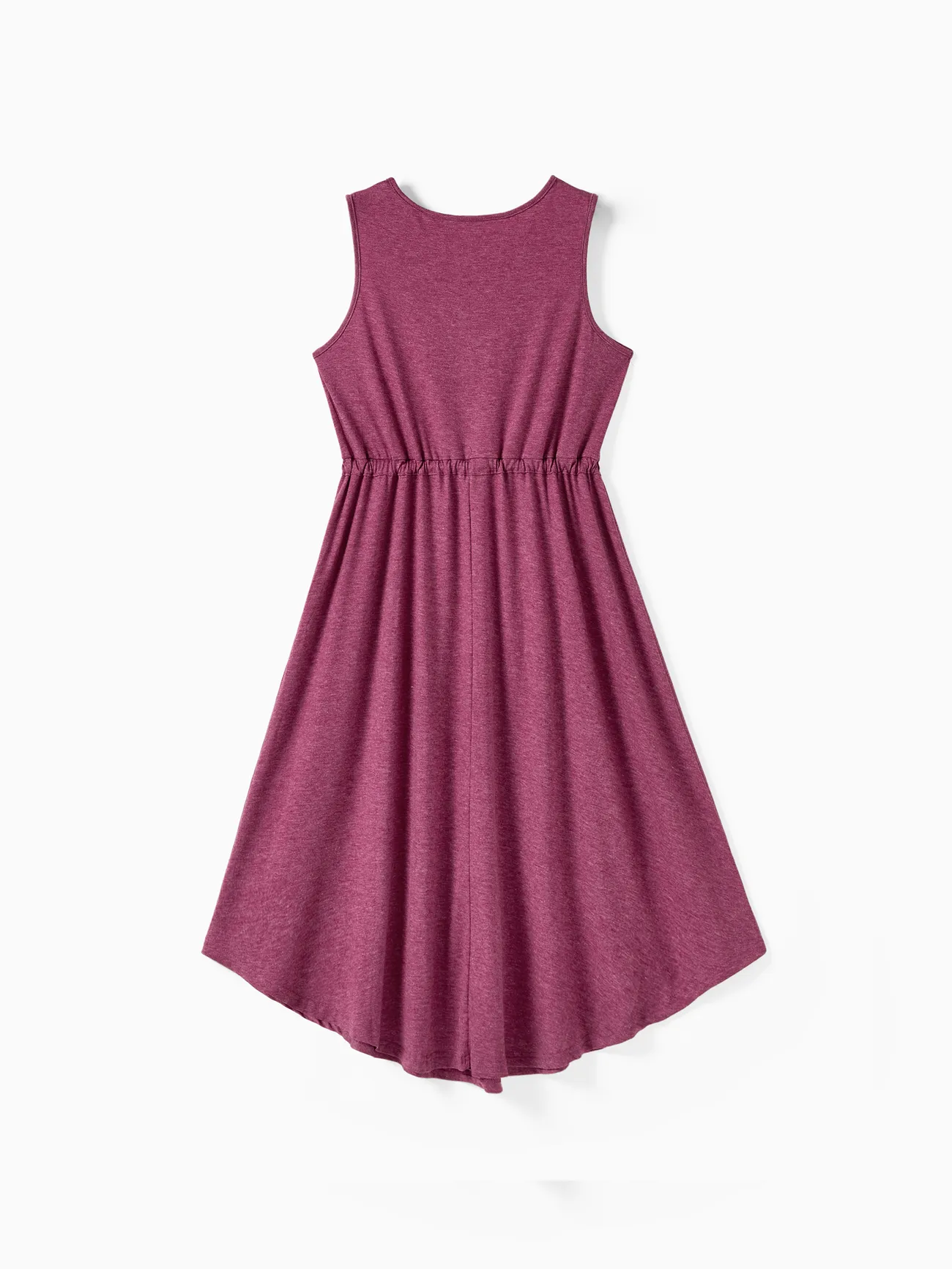 Women - Family Matching Solid V Neck Sleeveless Button Up Drawstring Dresses and Striped Colorblock Short-sleeve T-shirts Sets - deeppurple - image 3