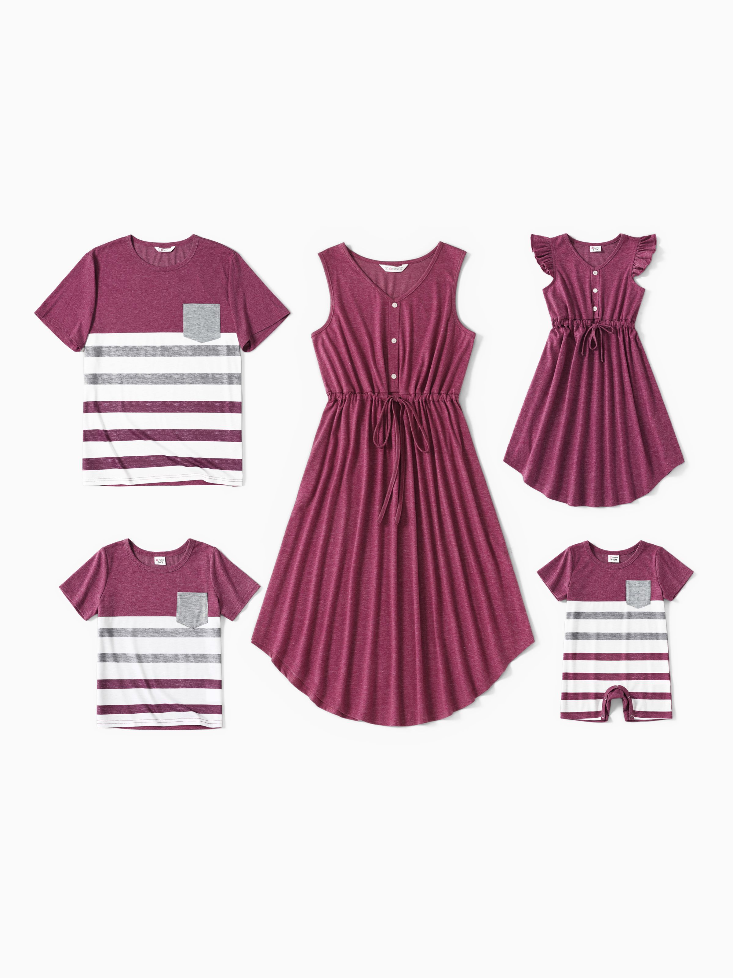 

Family Matching Solid V Neck Sleeveless Button Up Drawstring Dresses and Striped Colorblock Short-sleeve T-shirts Sets