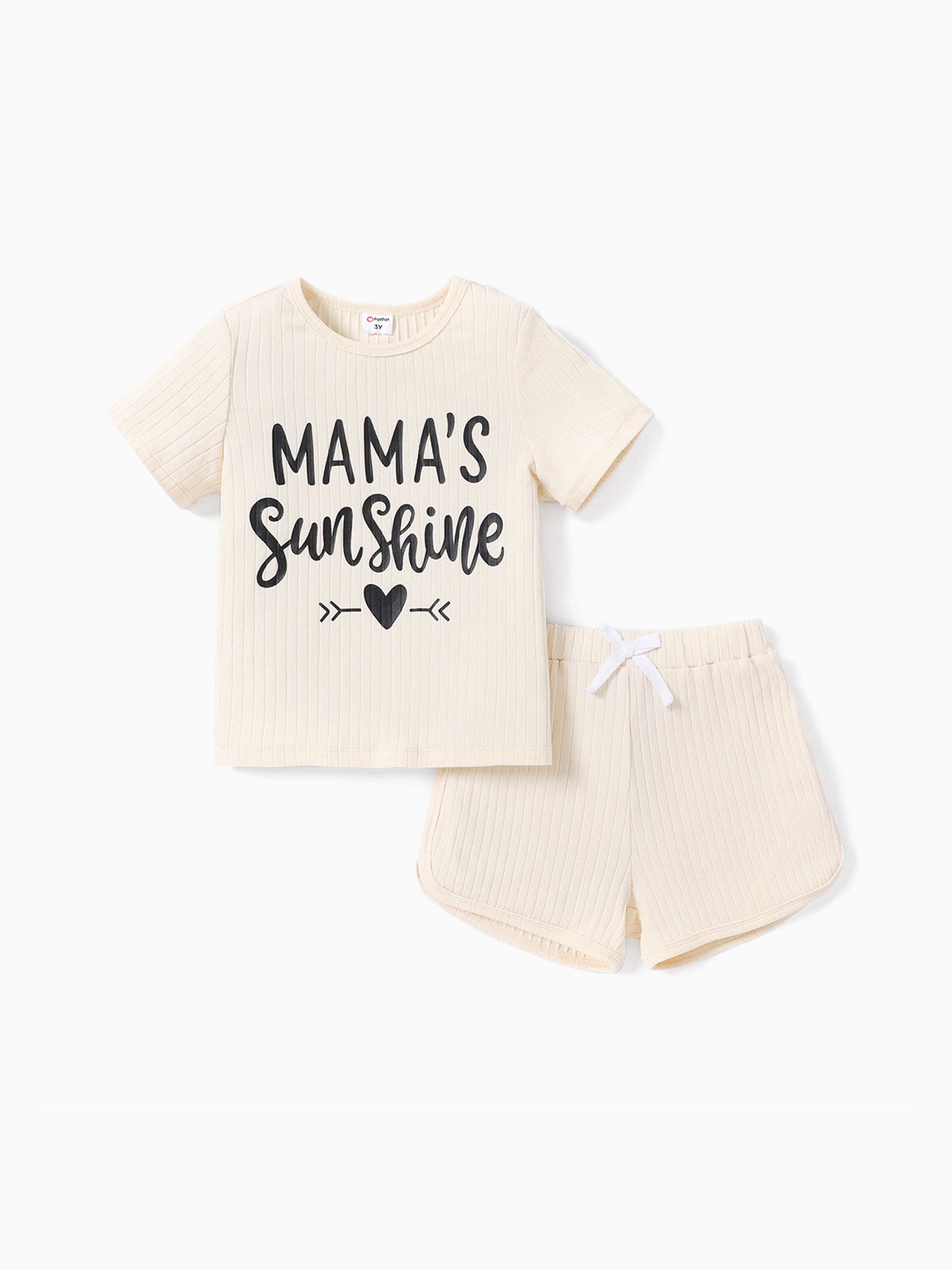 

2pcs Toddler Girl Letter Print Ribbed Short-sleeve Tee and Bowknot Design Elasticized Shorts Set