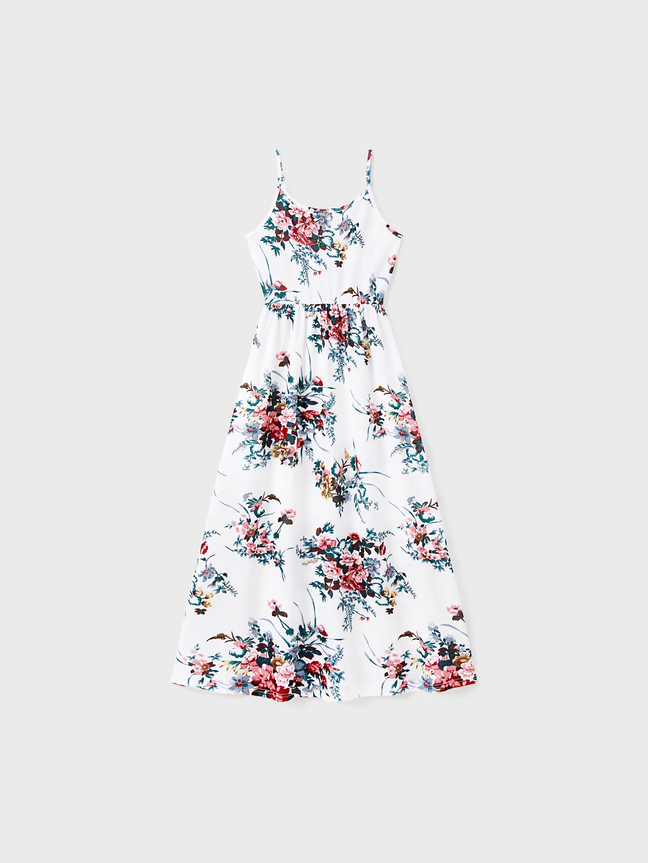 Women - Family Matching All Over Floral Print Spaghetti Strap Dresses and Colorblock Short-sleeve T-shirts Sets - White - image 2